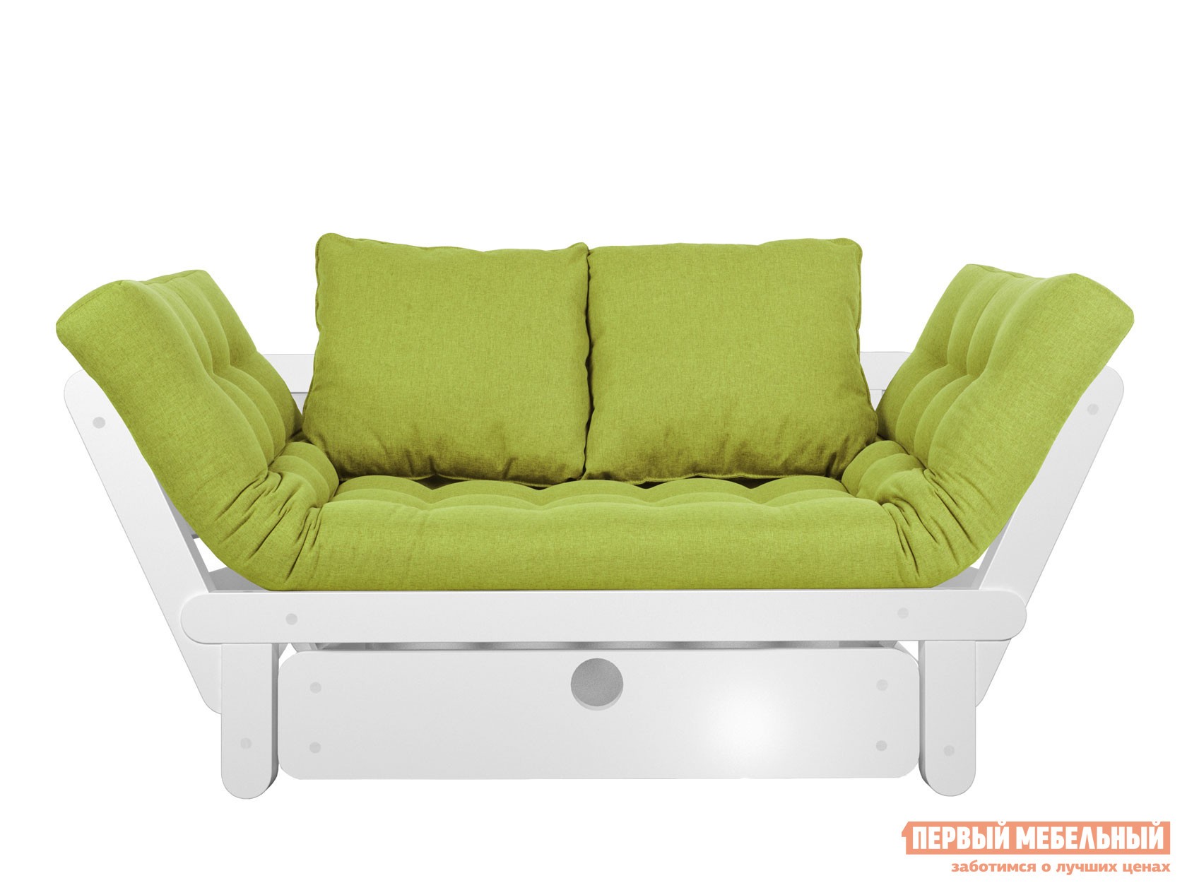 Прямой диван  Сламбер Салатовый, рогожка, Белая эмаль, С ящиком