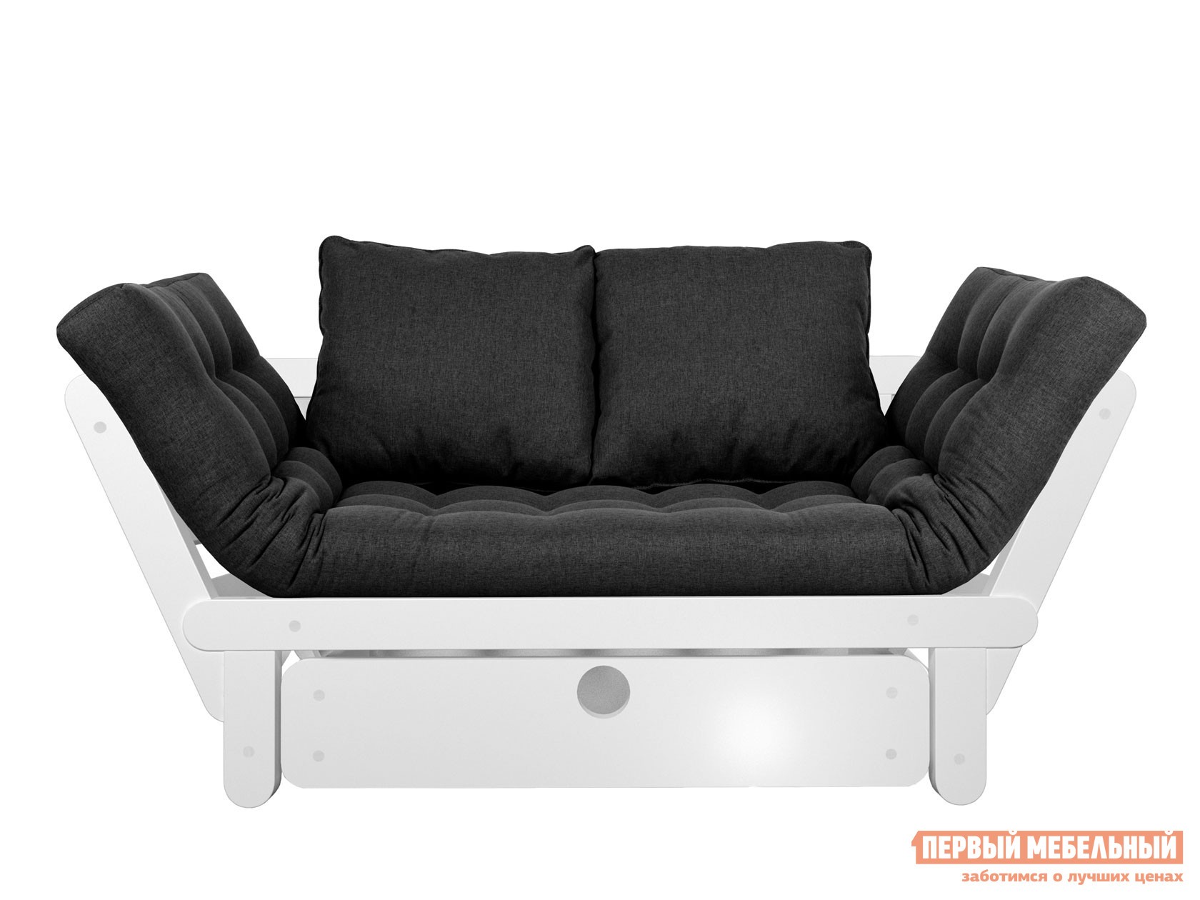 Прямой диван  Сламбер Черный, рогожка, Белая эмаль, С ящиком