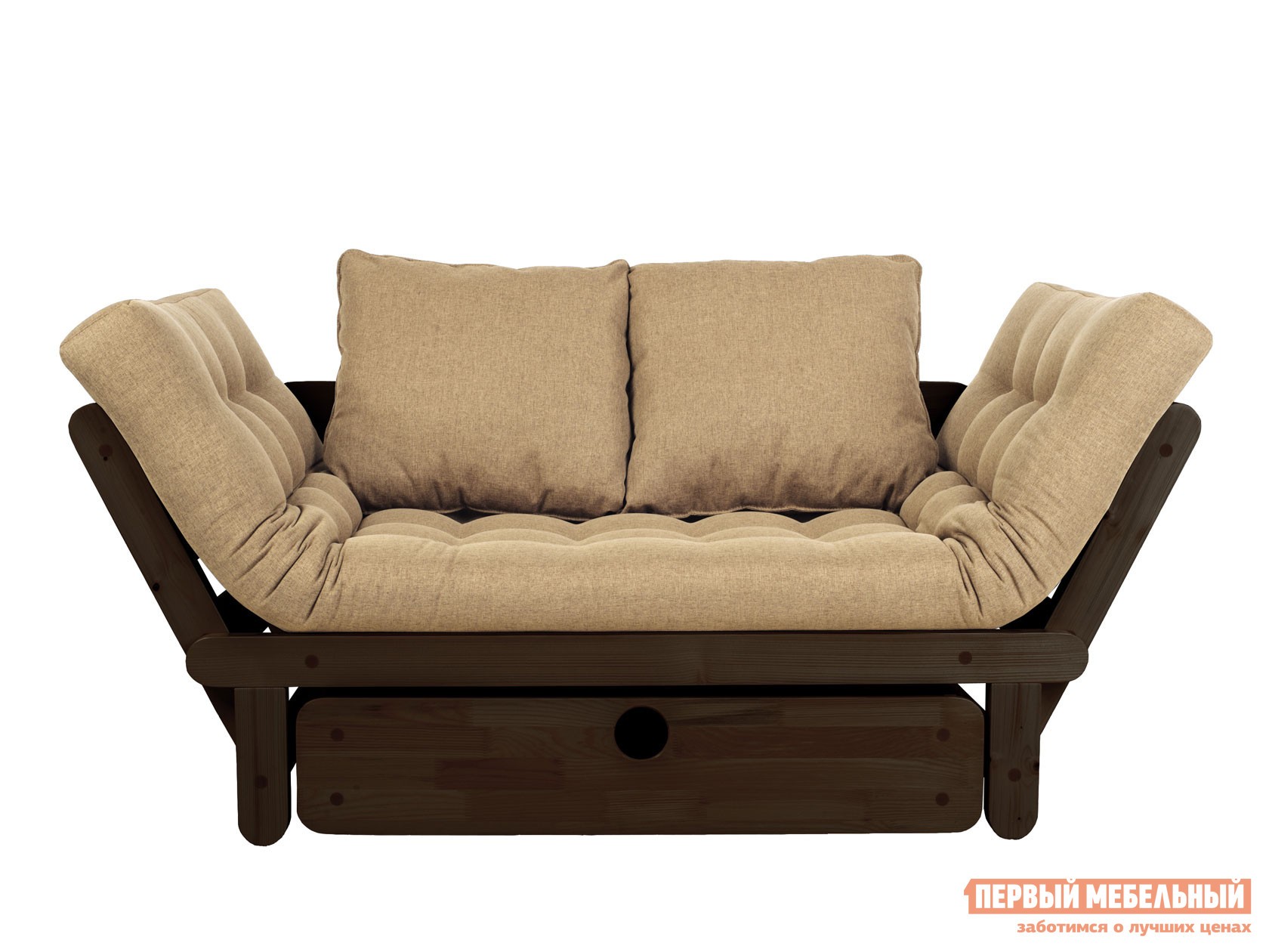 Прямой диван  Сламбер Бежевый, рогожка, Венге, С ящиком