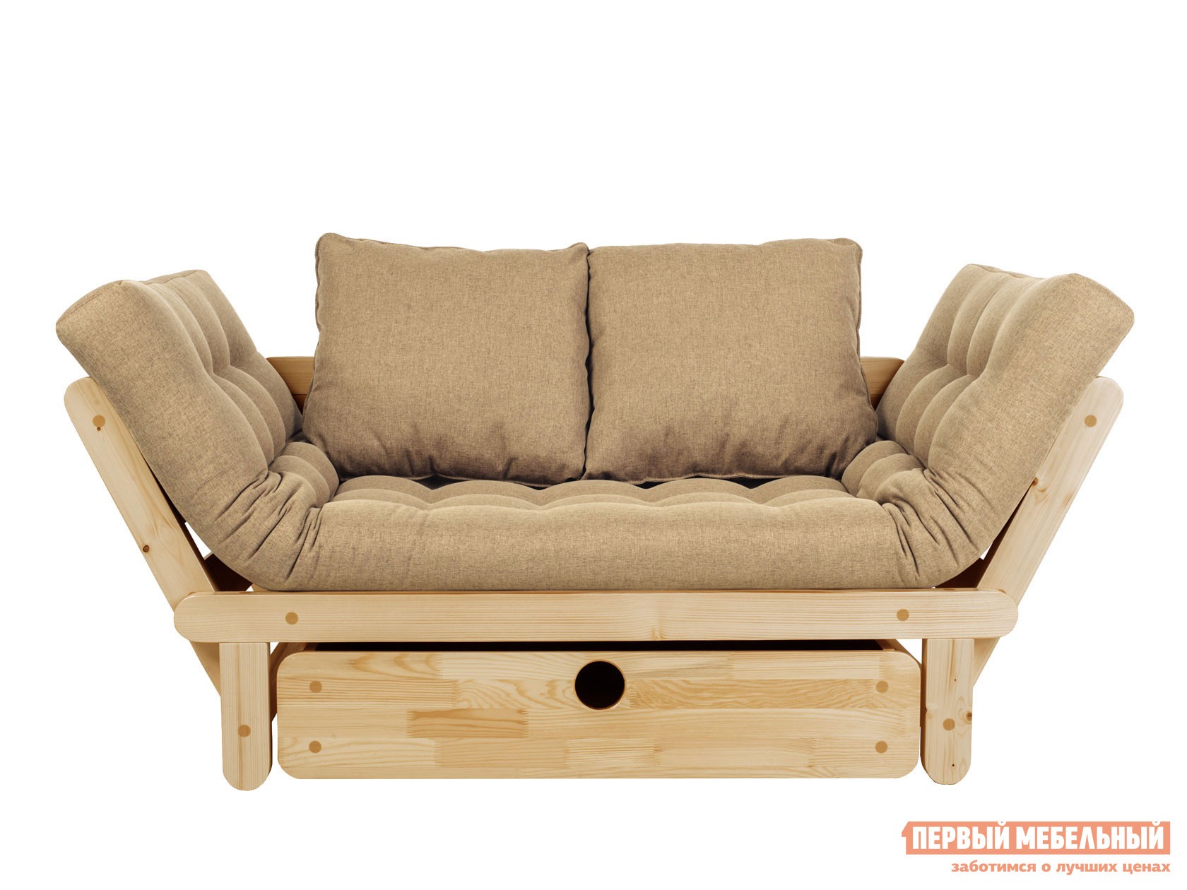 Прямой диван  Сламбер Бежевый, рогожка, Сосна натуральная, С ящиком