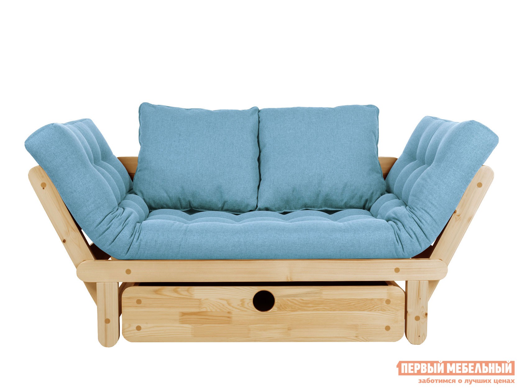 Прямой диван  Сламбер Голубой, рогожка, Сосна натуральная, С ящиком