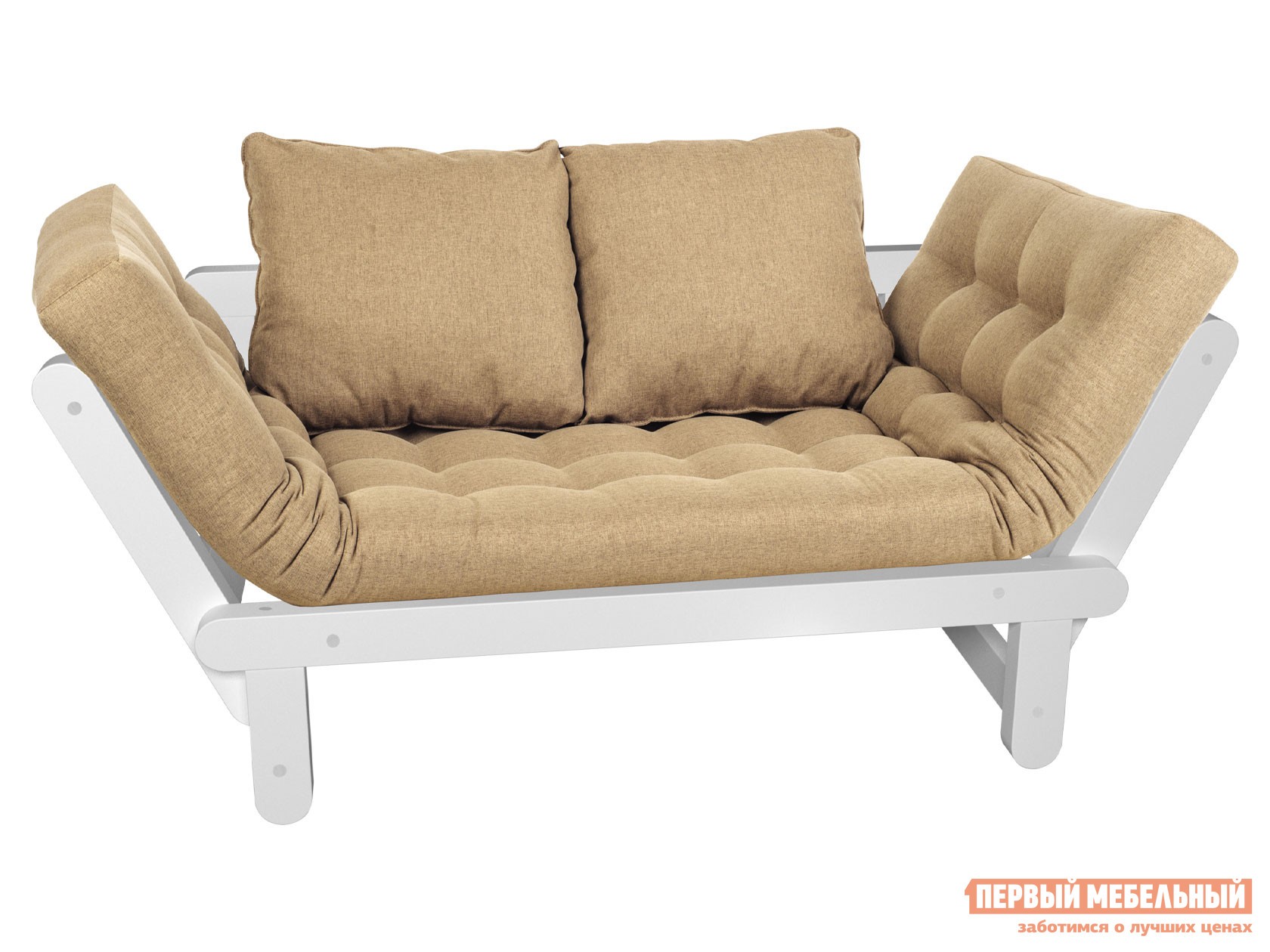 Прямой диван  Сламбер Бежевый, рогожка, Белая эмаль, Без ящика