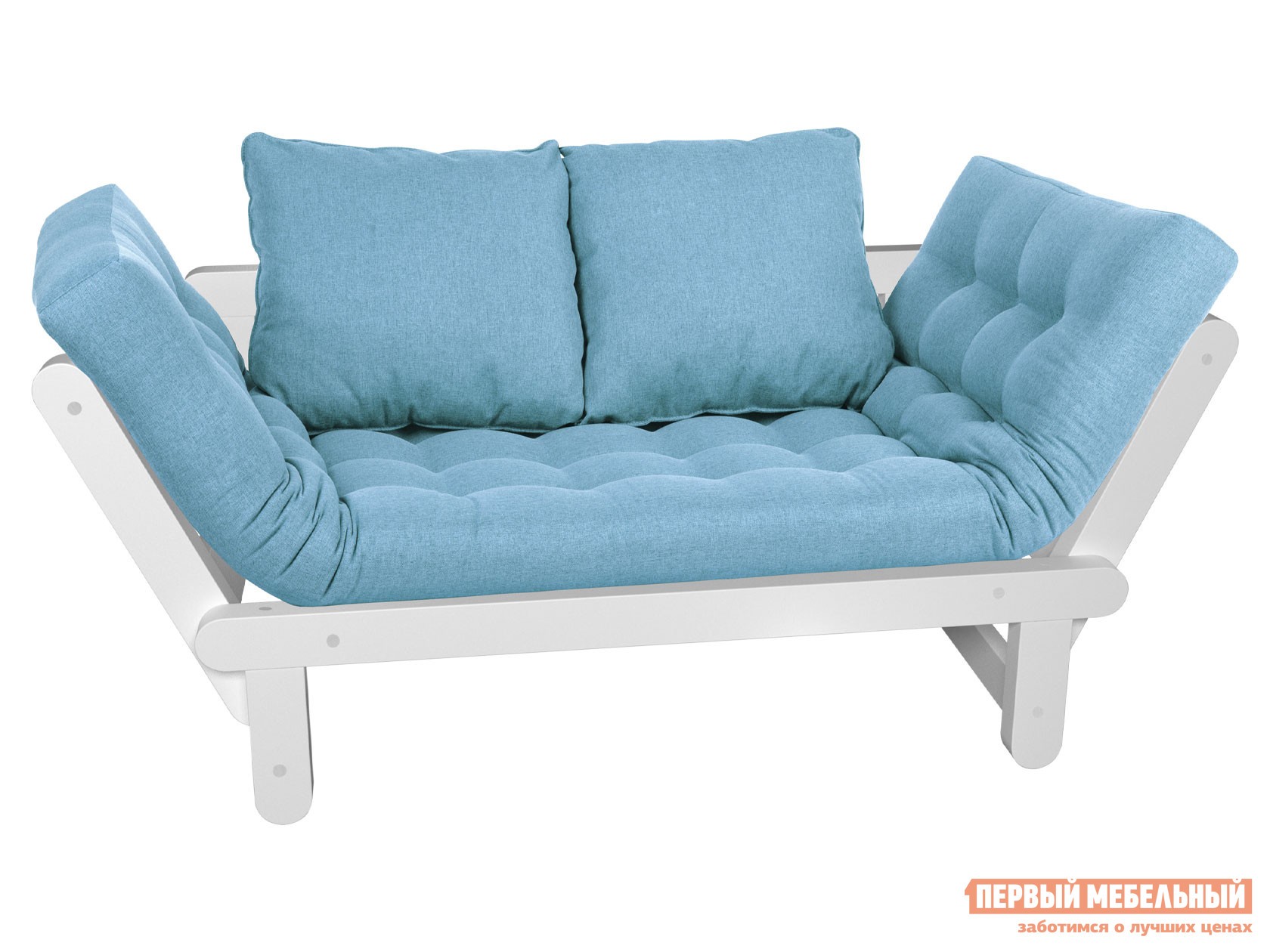 Прямой диван  Сламбер Голубой, рогожка, Белая эмаль, Без ящика