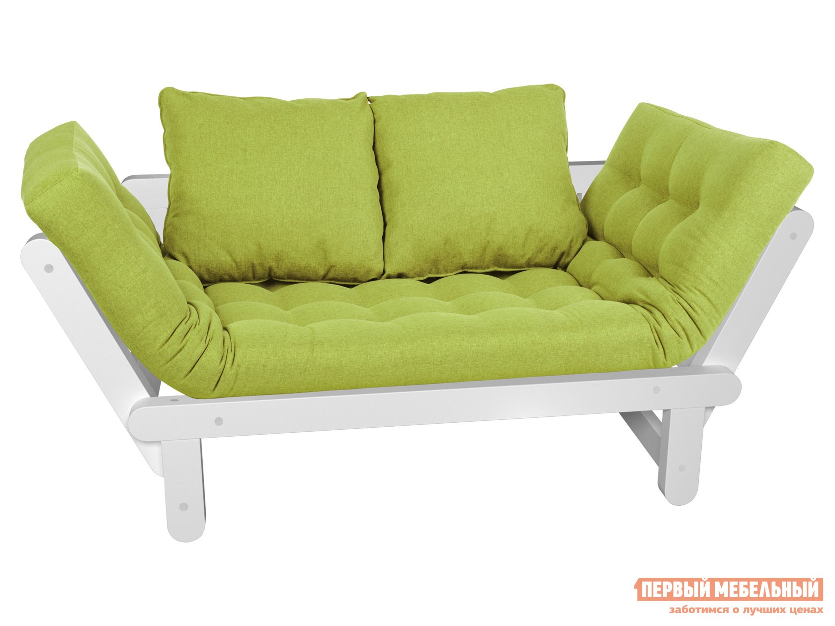 Прямой диван  Сламбер Салатовый, рогожка, Белая эмаль, Без ящика
