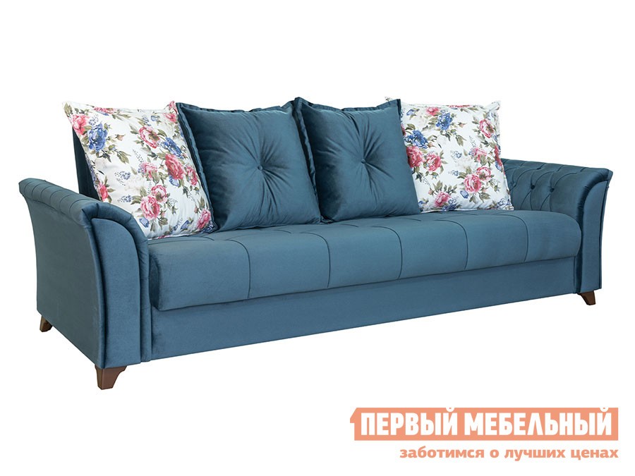 Прямой диван  Ирис Синий / Яркие розы, велюр