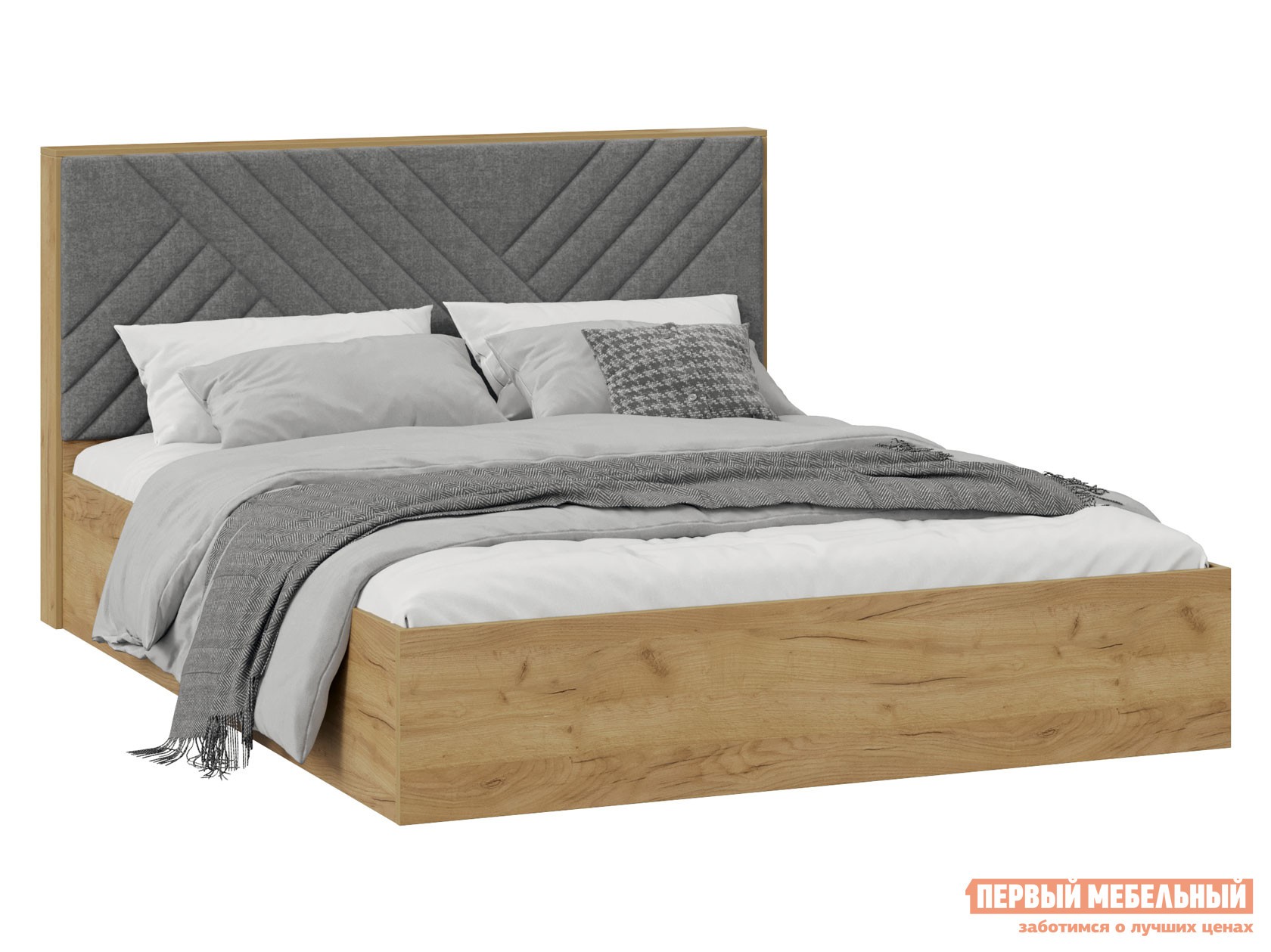 Двуспальная кровать  Хилтон Дуб Крафт золотой / Графит, велюр, Без подъемного механизма