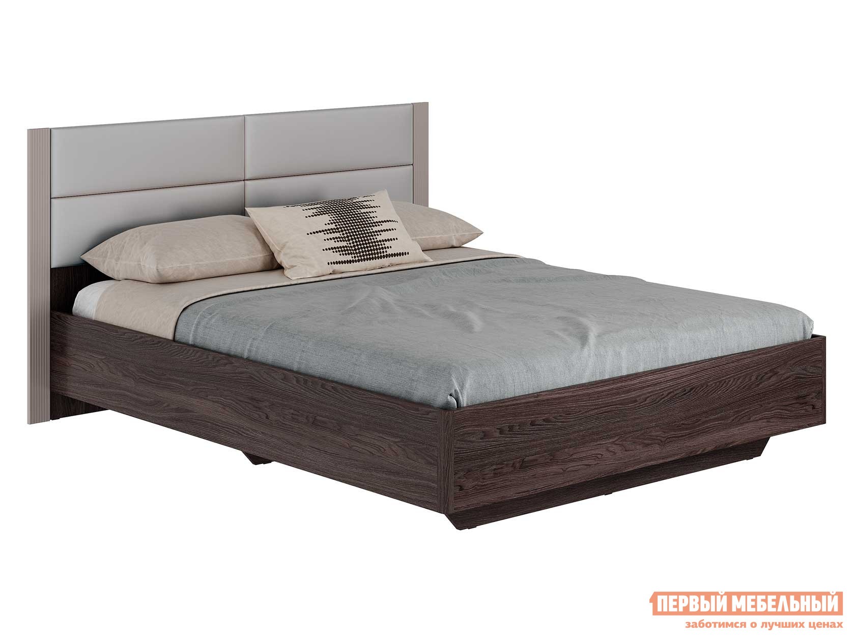 Двуспальная кровать  Милена Ясень темный / Топленое молоко / Серый, велюр, С реечным основанием