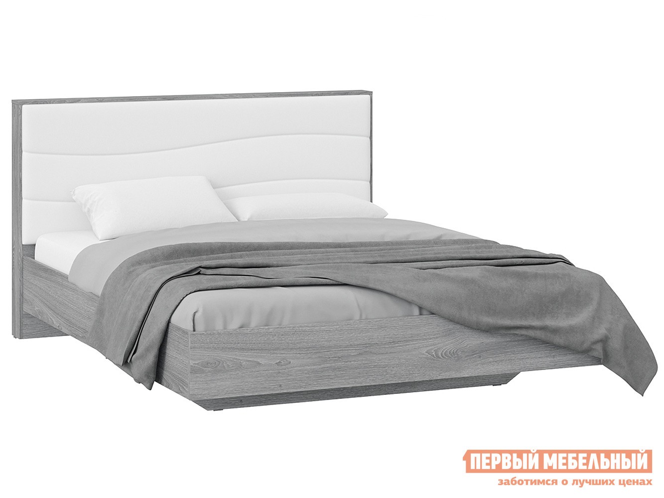 Двуспальная кровать  Миранда ПМ Дуб Гамильтон / Белый, экокожа, Без подъемного механизма