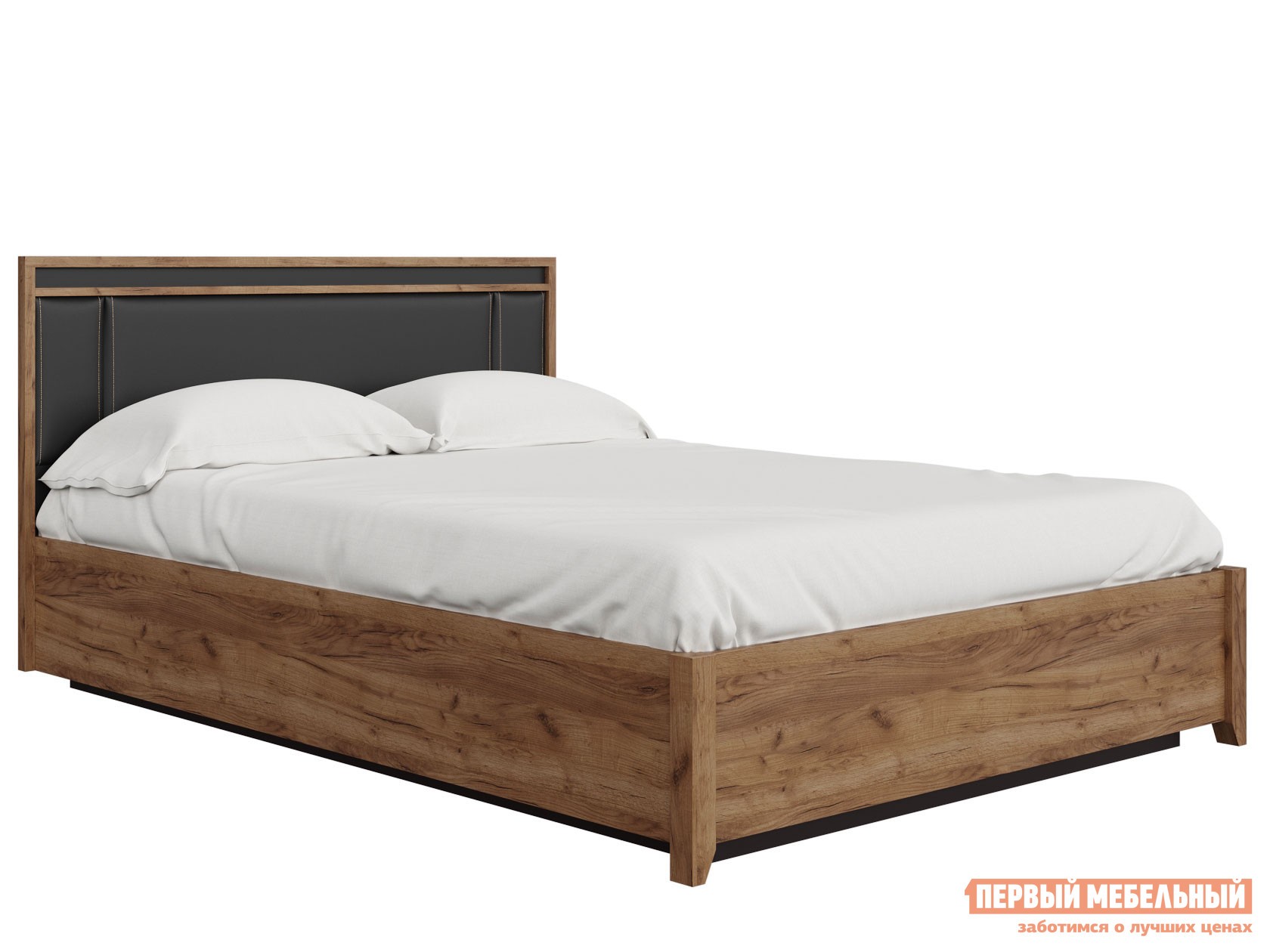 Двуспальная кровать  Натура Дуб табачный Craft / Черный, экокожа, 140х200 см, С деревянным основанием