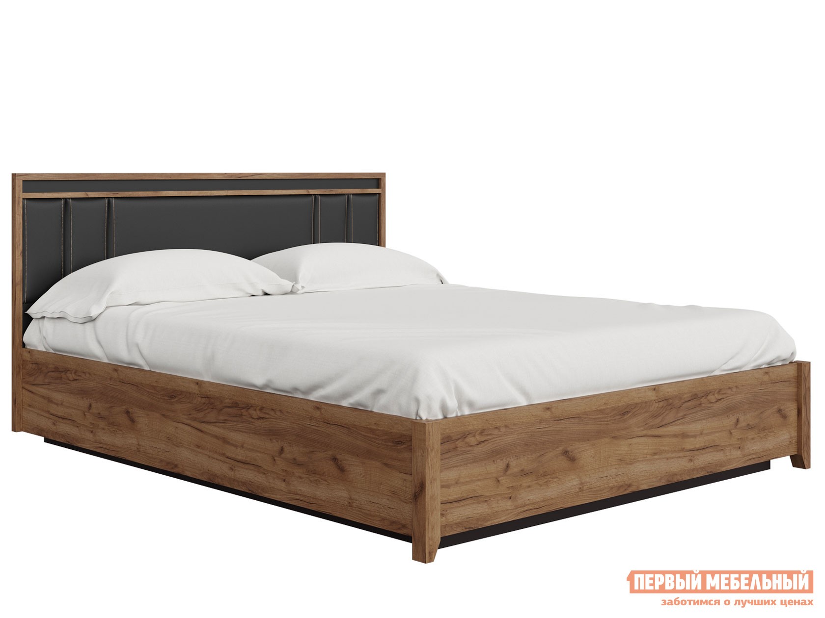 Двуспальная кровать  Натура Дуб табачный Craft / Черный, экокожа, 180х200 см, С деревянным основанием