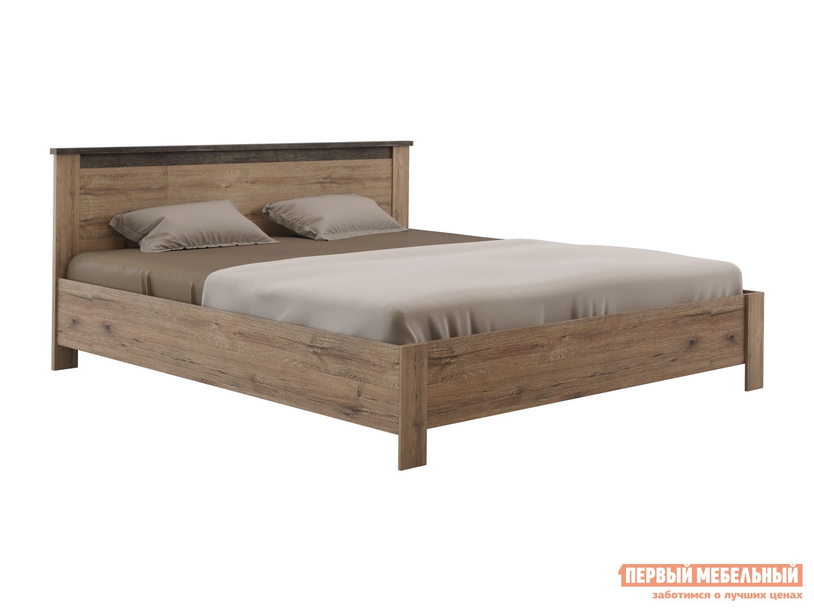 Двуспальная кровать  Денвер Дуб Веллингтон / Камень темный, 180х200 см, С основанием, Без подъемного механизма