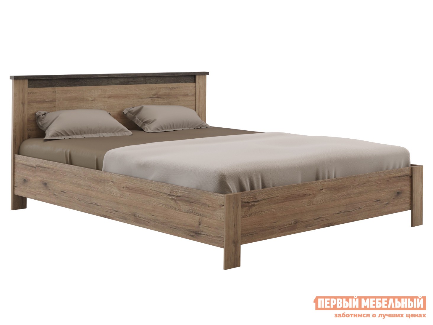 Двуспальная кровать  Денвер Дуб Веллингтон / Камень темный, 160х200 см, С основанием, Без подъемного механизма