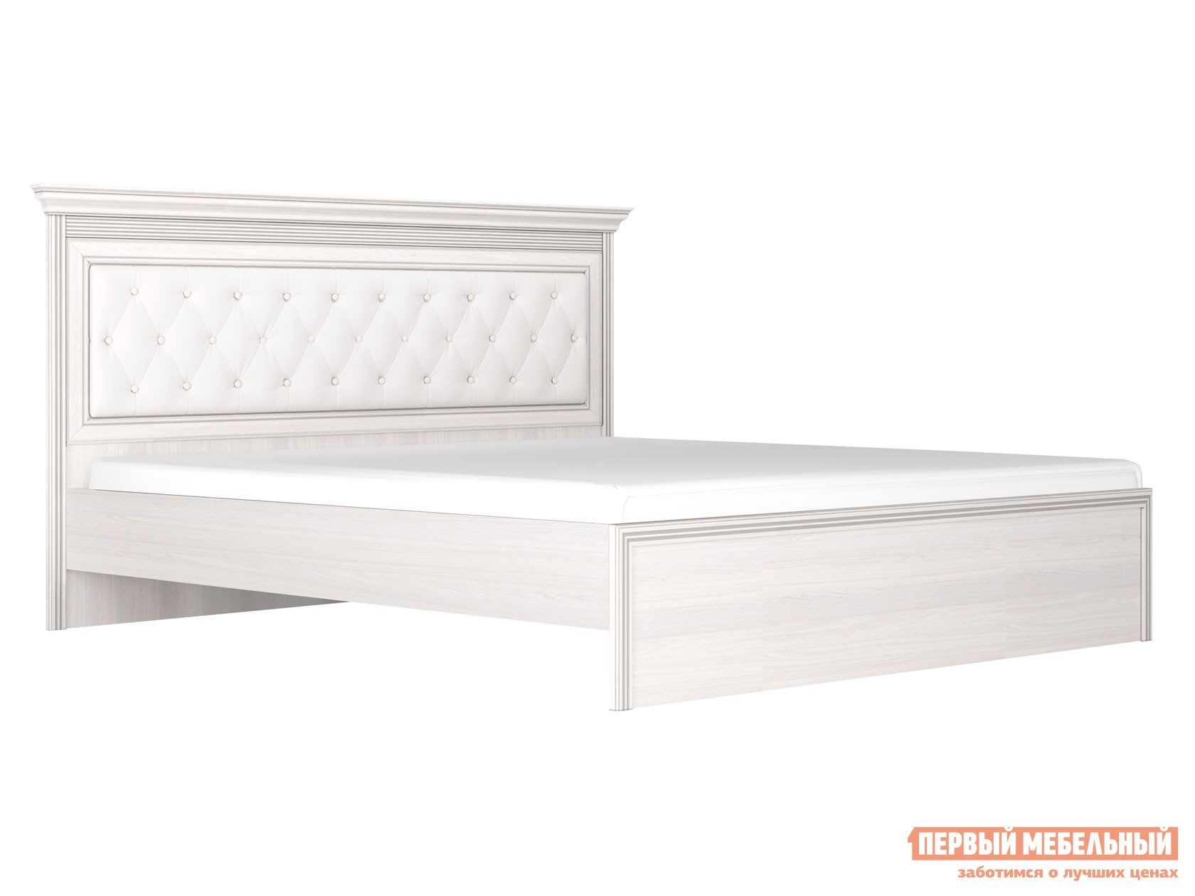 Двуспальная кровать  Неаполь 180х200 см, Ясень Анкор светлый / Патина, серебро  / Белый Поло (экокожа), Без подъемного механизма