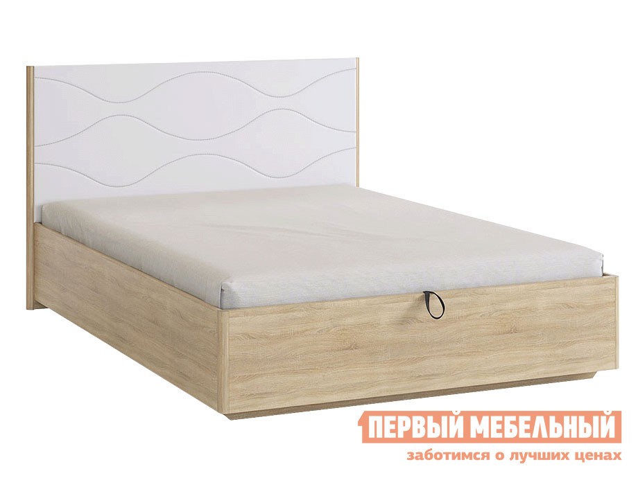 Двуспальная кровать  Зара Люкс ПМ Дуб Сонома / Белый, экокожа, 140х200 см, С дном короба для белья