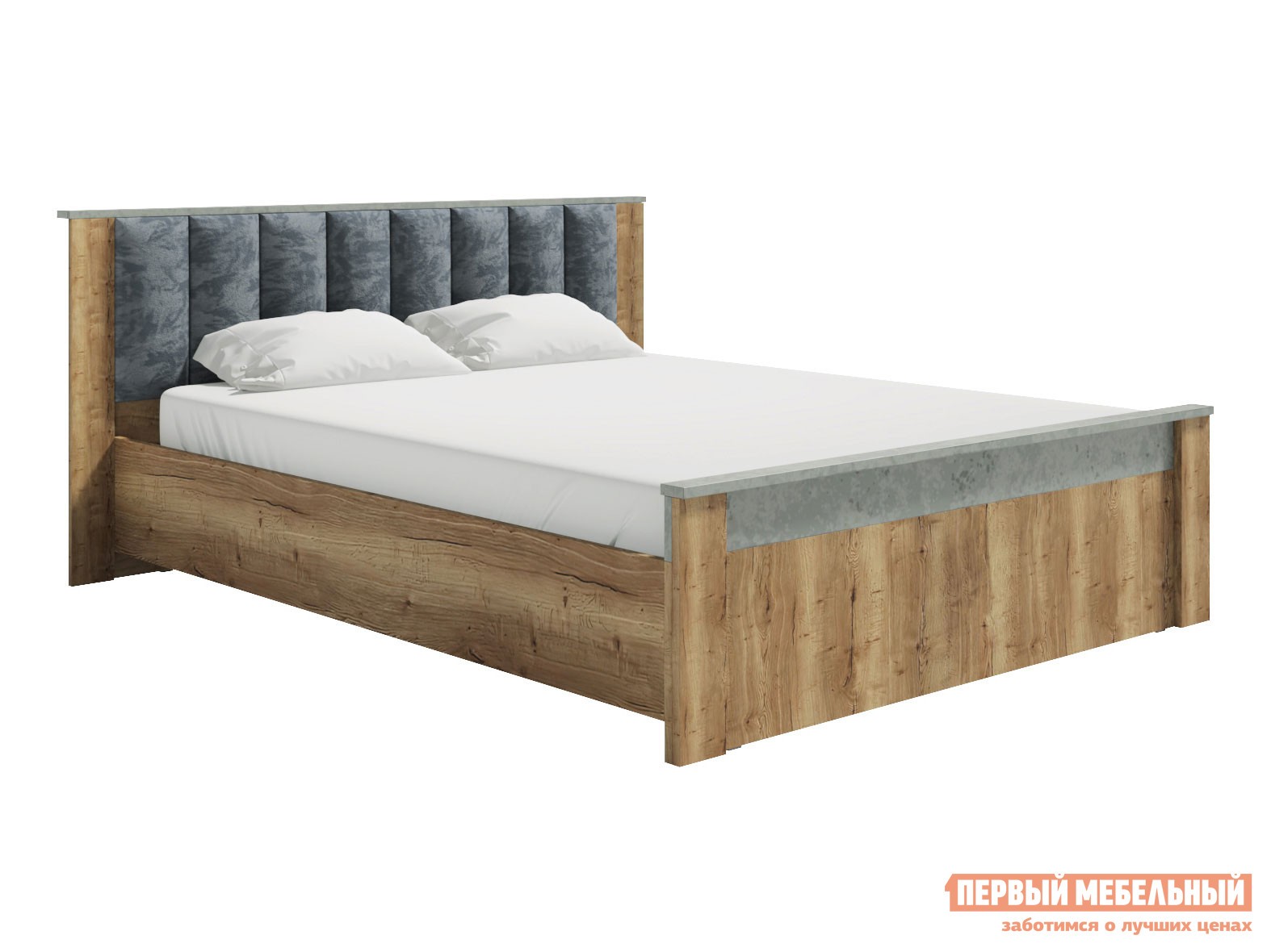 Двуспальная кровать  Трамп Дуб Крафт / Метрополитан Грей / Серый, Мягкая, С подъемным механизмом и дном для короба, 160х200 см
