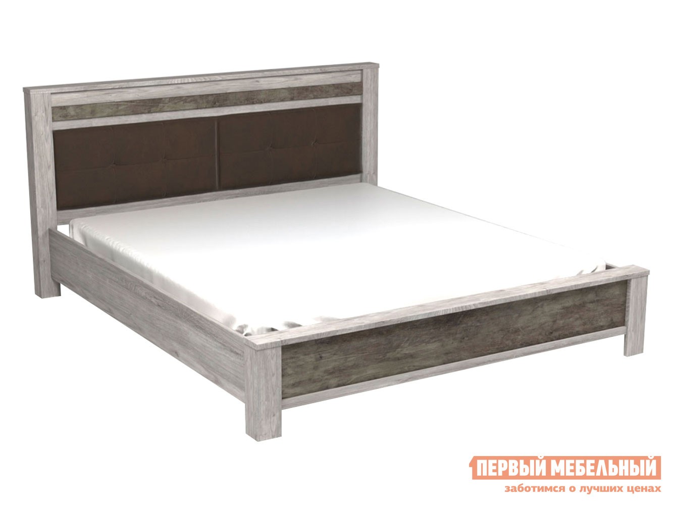 Двуспальная кровать  Денвер Люкс Риббек серый / Камень темный / Коричневый, велюр, 180х200 см, Без подъемного механизма, С мягким изголовьем