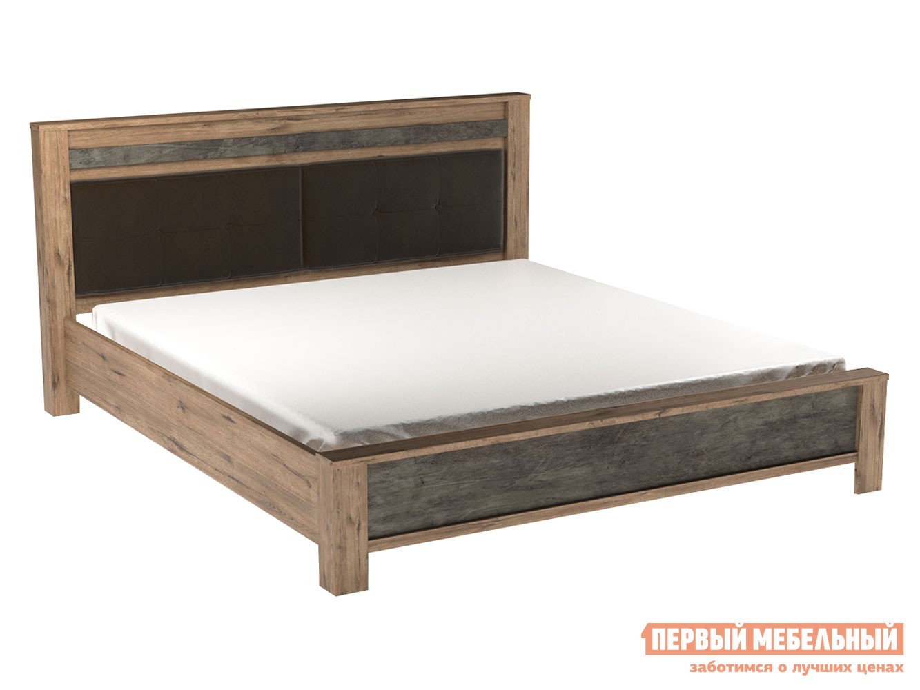 Двуспальная кровать  Денвер Люкс Дуб Веллингтон / Камень темный / Коричневый, велюр, 180х200 см, Без подъемного механизма, С мягким изголовьем