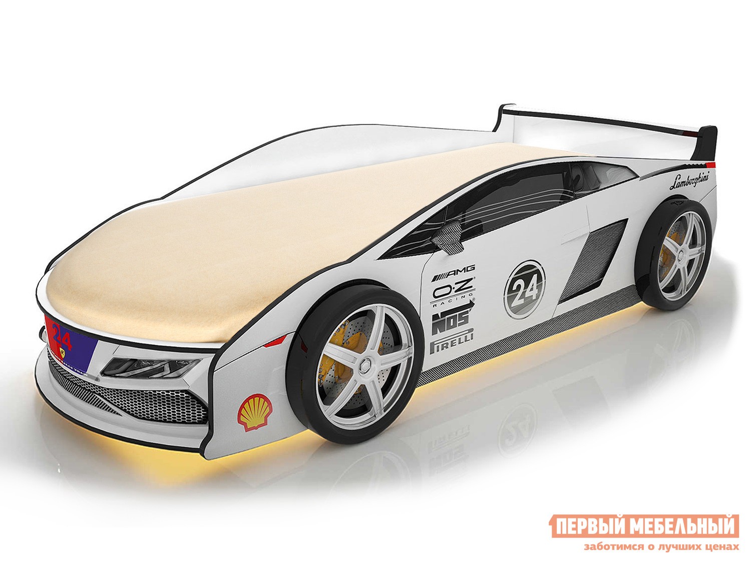 Кровать-машина  Ламба Белый (Ламба), С подсветкой дна, Без чехла