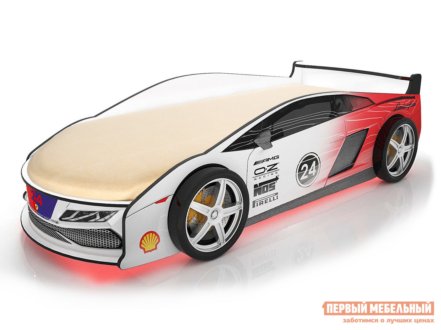 Кровать-машина  Ламба Белый 2 (Ламба), С подсветкой дна, Без чехла