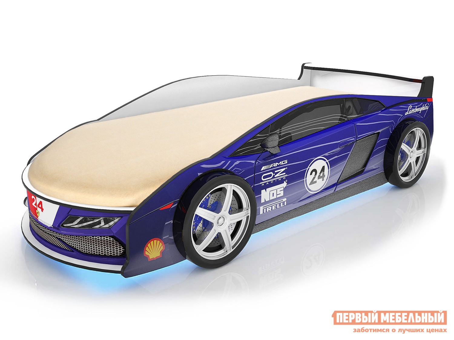 Кровать-машина  Ламба Синий (Ламба), С подсветкой дна, Без чехла