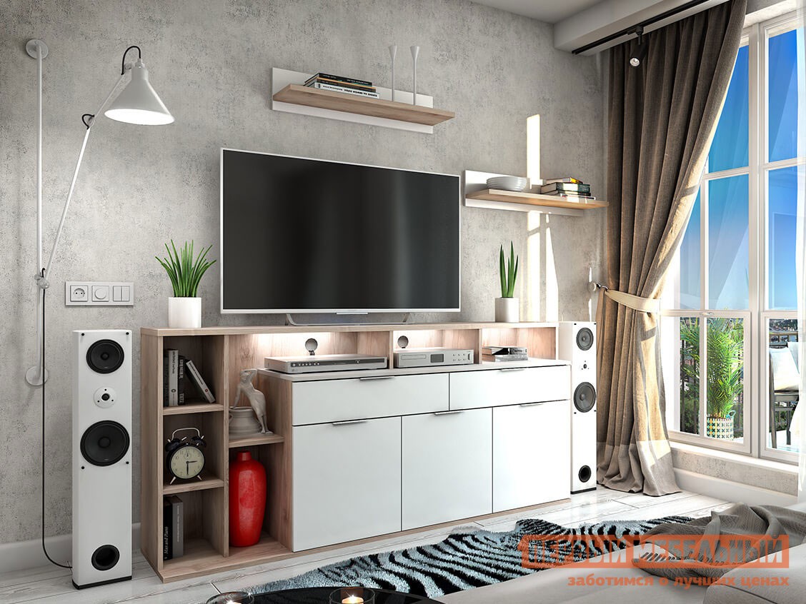 Гостиная  Компакт Белый / Каштан найроби, Левая, С подсветкой