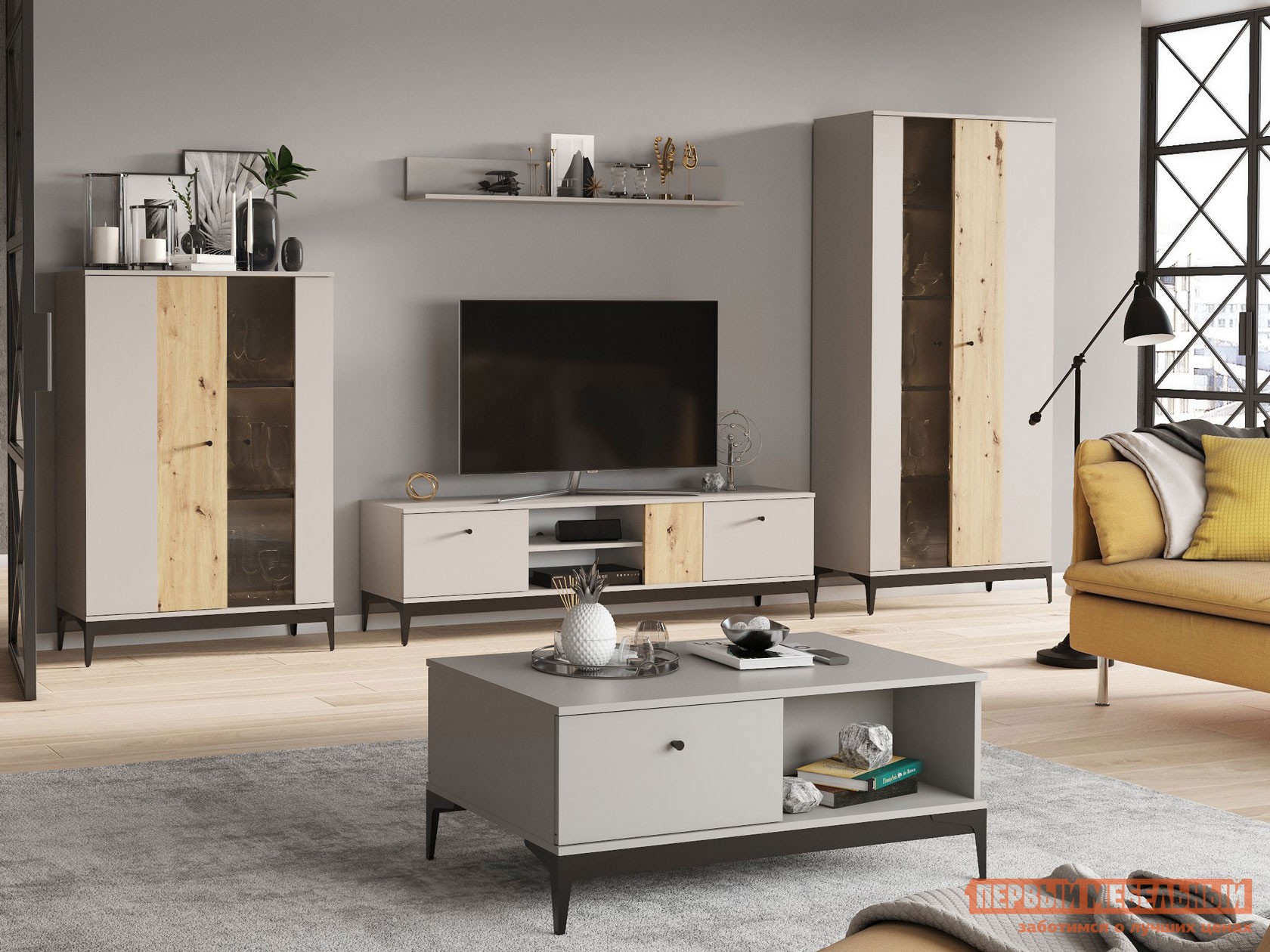 Гостиная  Нордик Холодный серый / Дуб Артизан / Черный, металл, Без подсветки