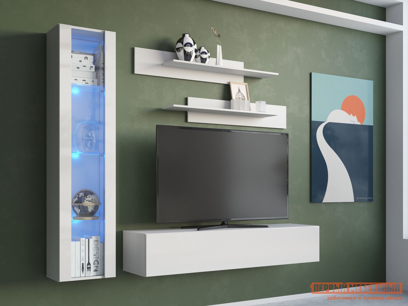 Гостиная  Поинт Белый / Белый глянец / Стекло, С блоком питания