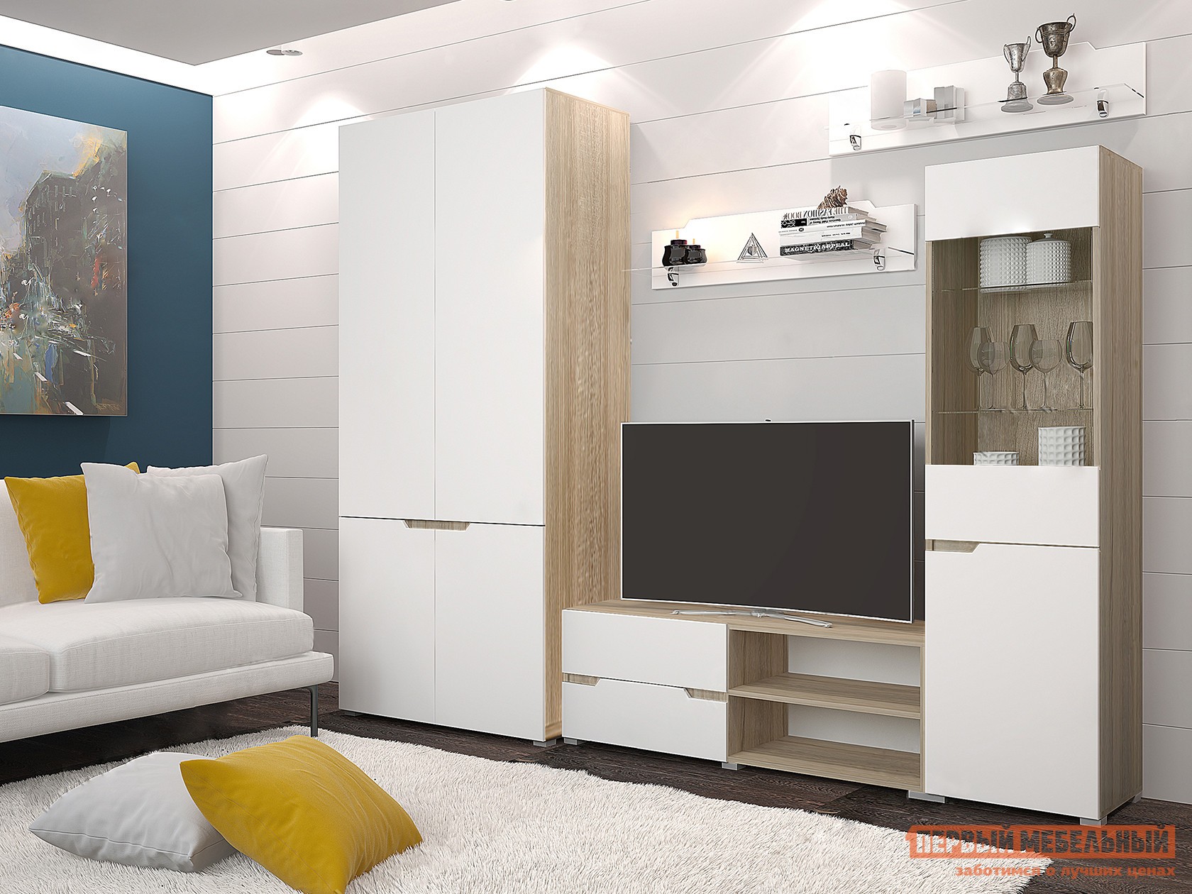 Гостиная  Анталия Стандарт Плюс Дуб Сонома / Белый Софт, С полками