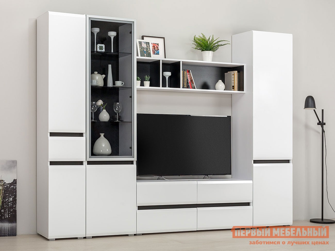 Гостиная  Сидней Белый / Белый глянец / Черный / Тонированное стекло