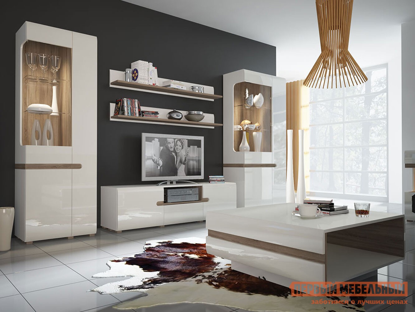 Гостиная  Линате Белый / Сонома трюфель, С подсветкой