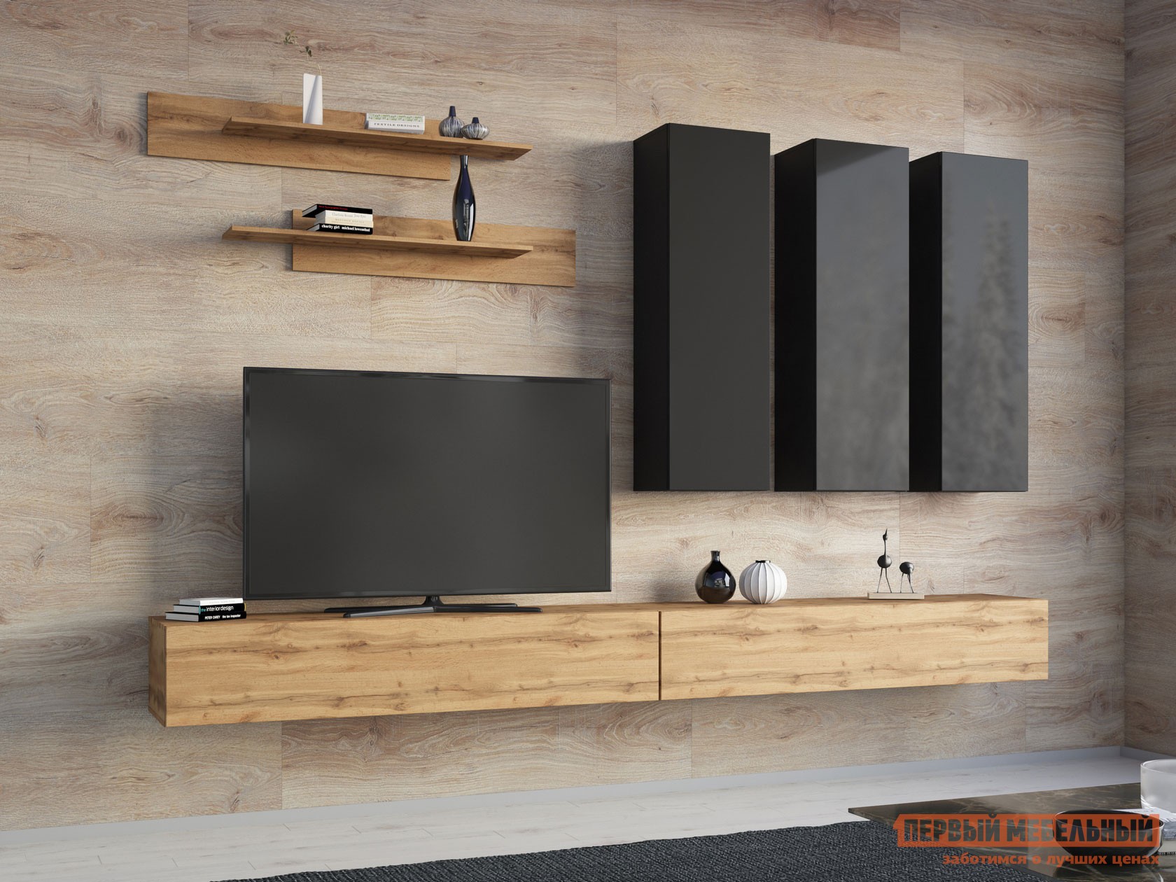 Гостиная  Поинт Дуб Вотан / Черный / Черный глянец