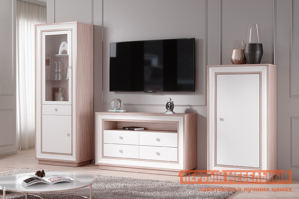 Гостиная  Прато 2 Корпус Ясень Шимо светлый, фасад Жемчуг, багет Жемчуг, Без подсветки