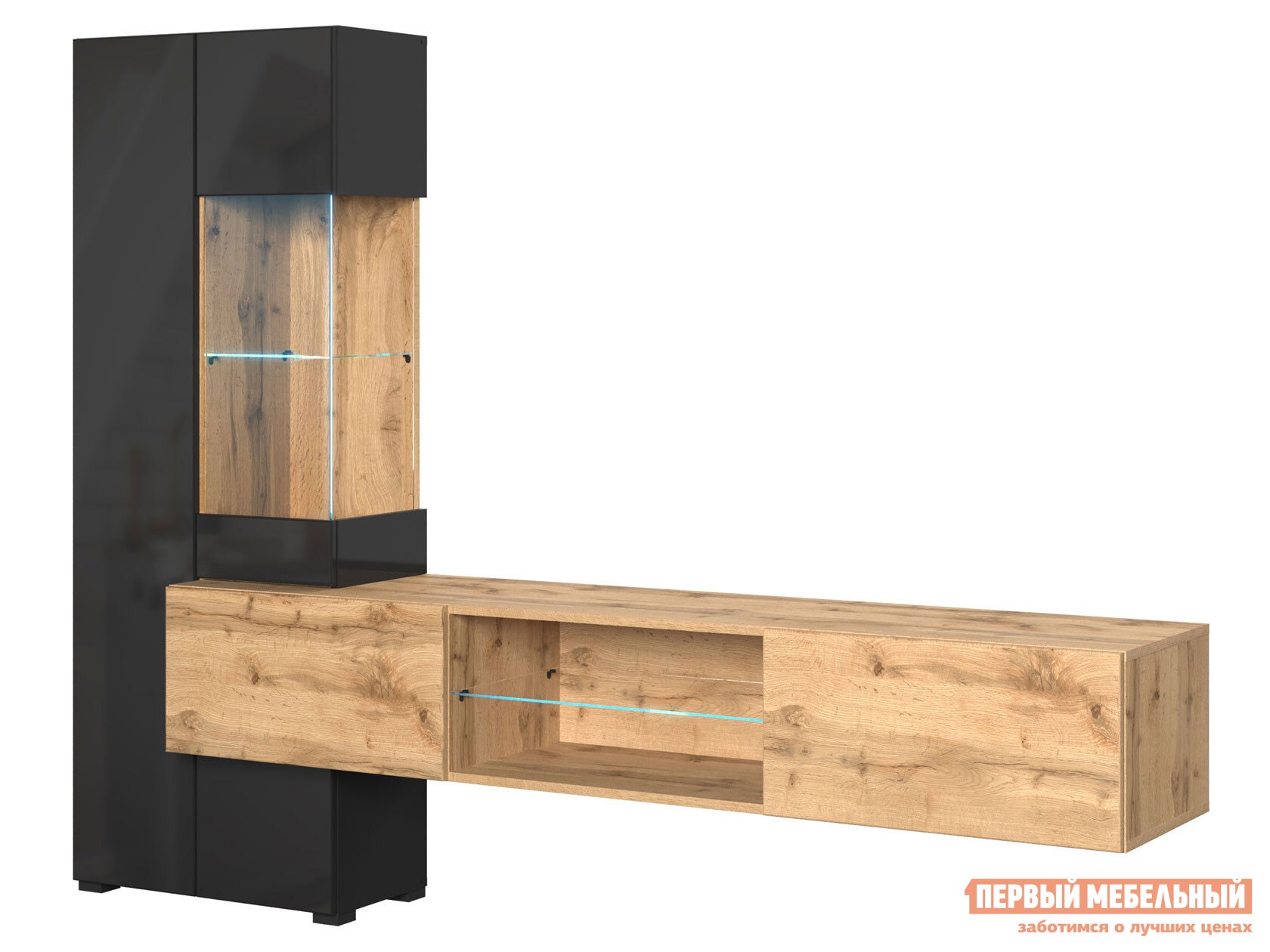 Гостиная  Поинт Дуб Вотан / Черный / Черный глянец, Без подсветки