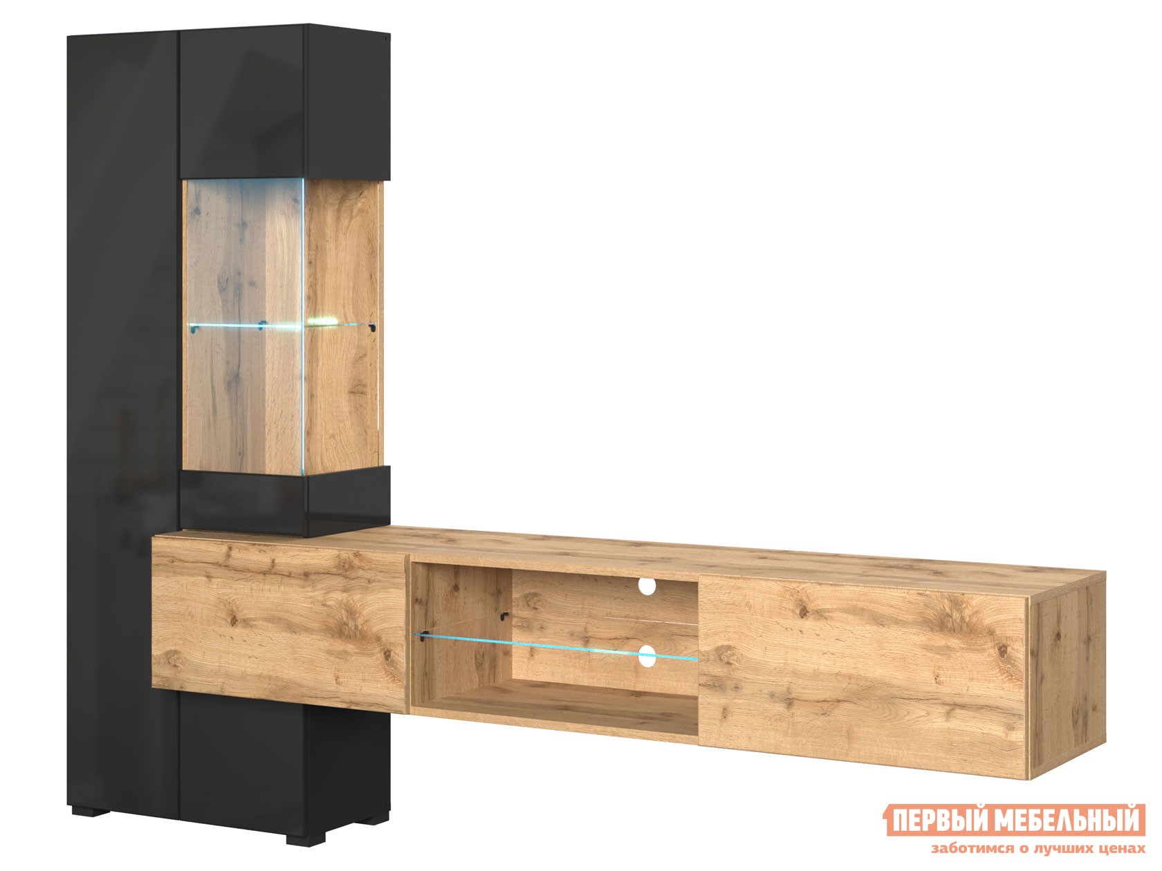 Гостиная  Поинт Дуб Вотан / Черный / Черный глянец, С подсветкой