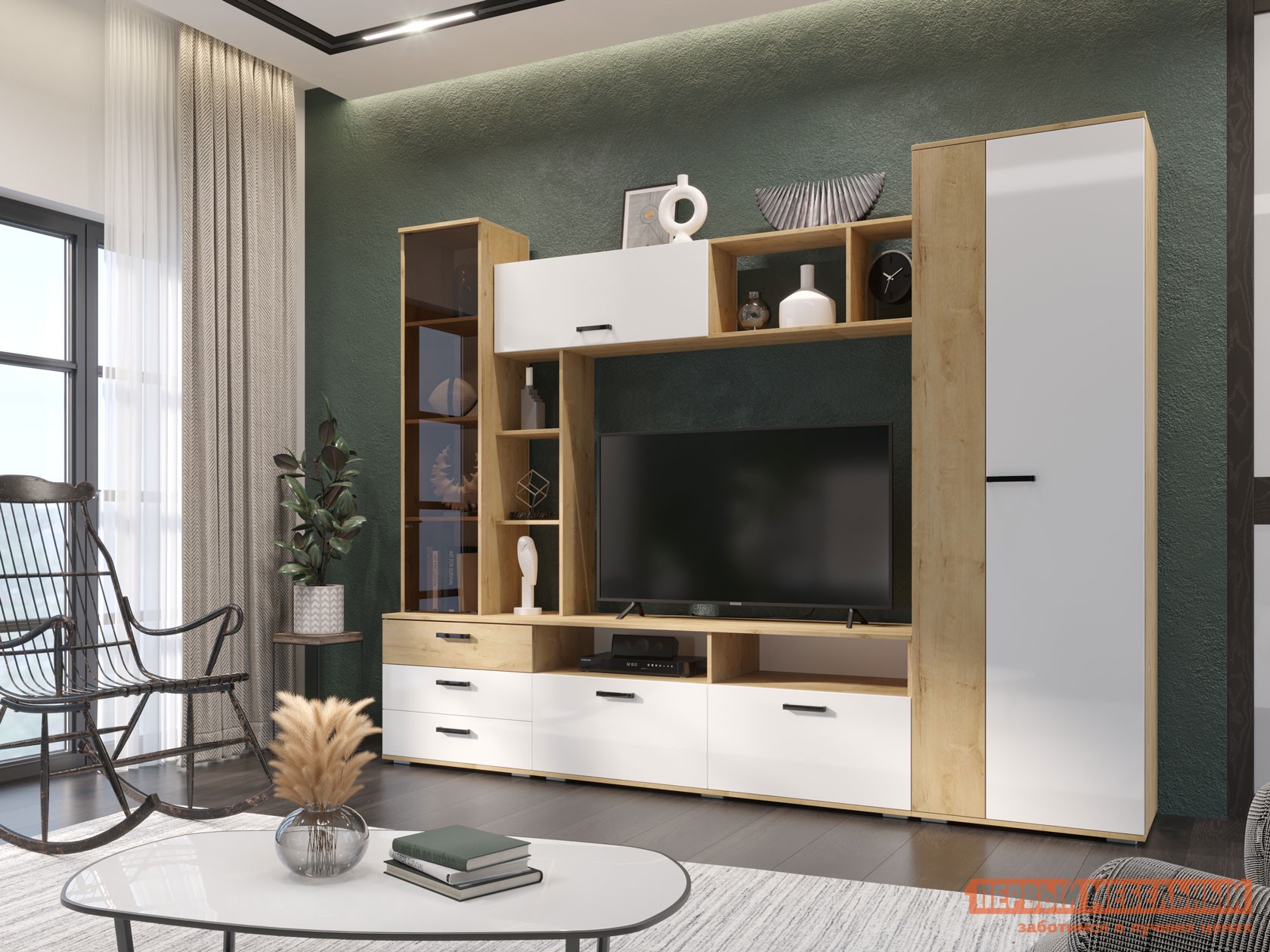 Гостиная  Крокус Дуб Вотан / Белый глянец