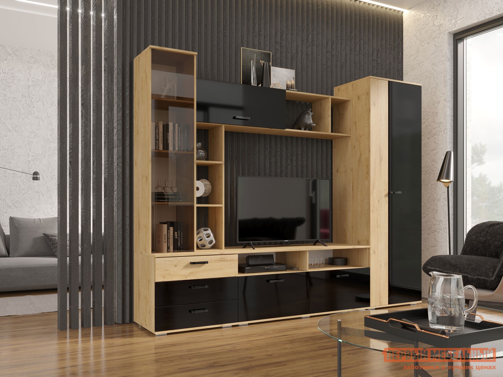 Гостиная  Крокус Дуб Вотан / Черный глянец