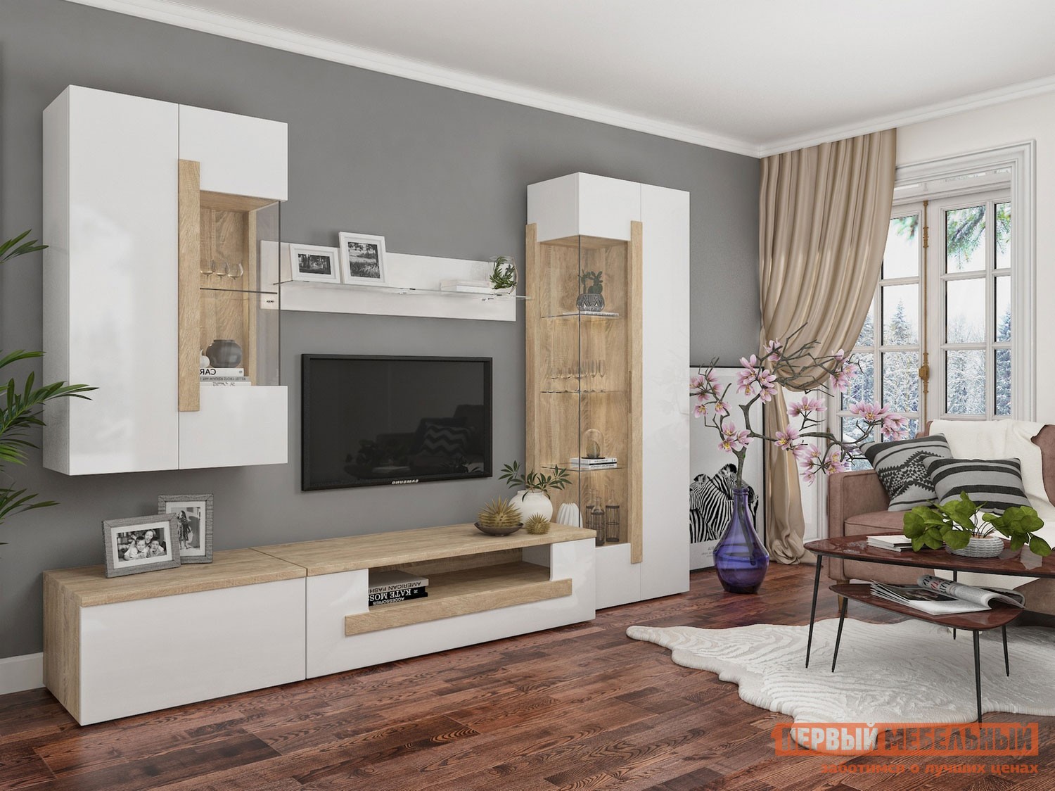 Гостиная  Куба Дуб Сонома / Белый глянец, Без подсветки