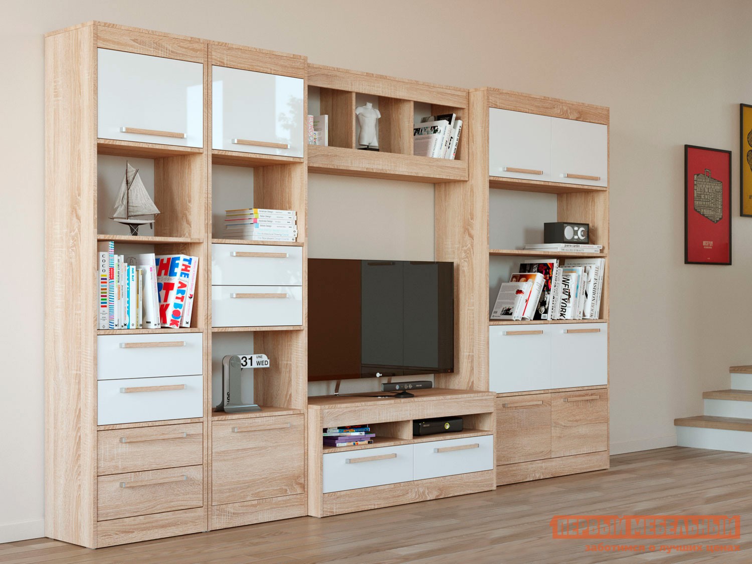 Гостиная  Оксфорд Лайт Дуб Сонома / Белый глянец