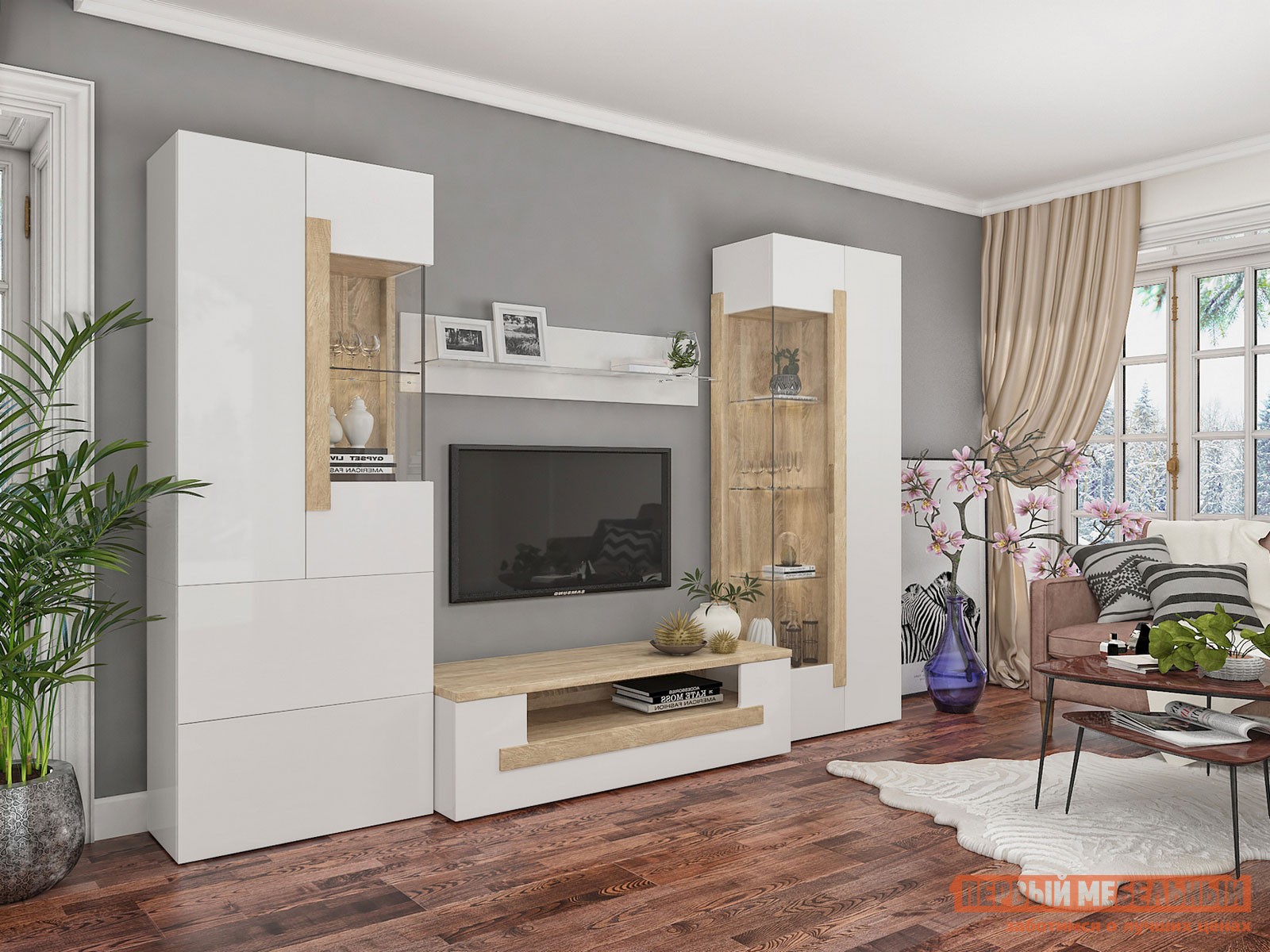 Гостиная  Куба Дуб Сонома / Белый глянец, Без подсветки