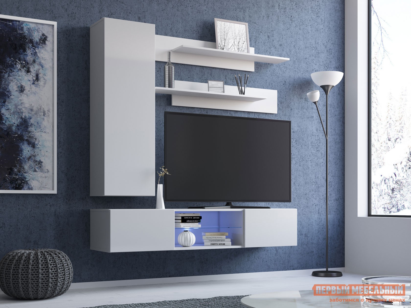 Гостиная  Поинт Белый / Белый глянец, С блоком питания