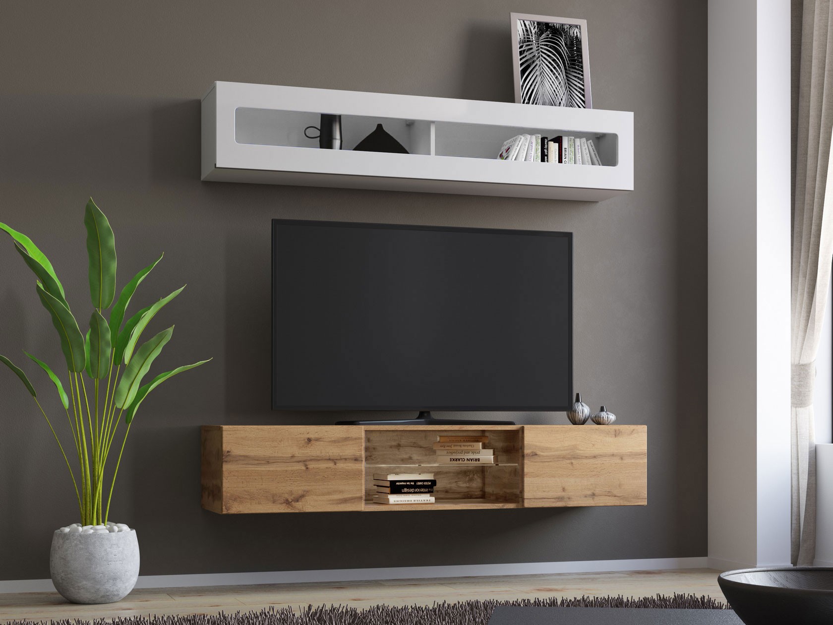 Гостиная  Поинт Дуб Вотан / Белый / Белый глянец / Стекло, Без блока питания