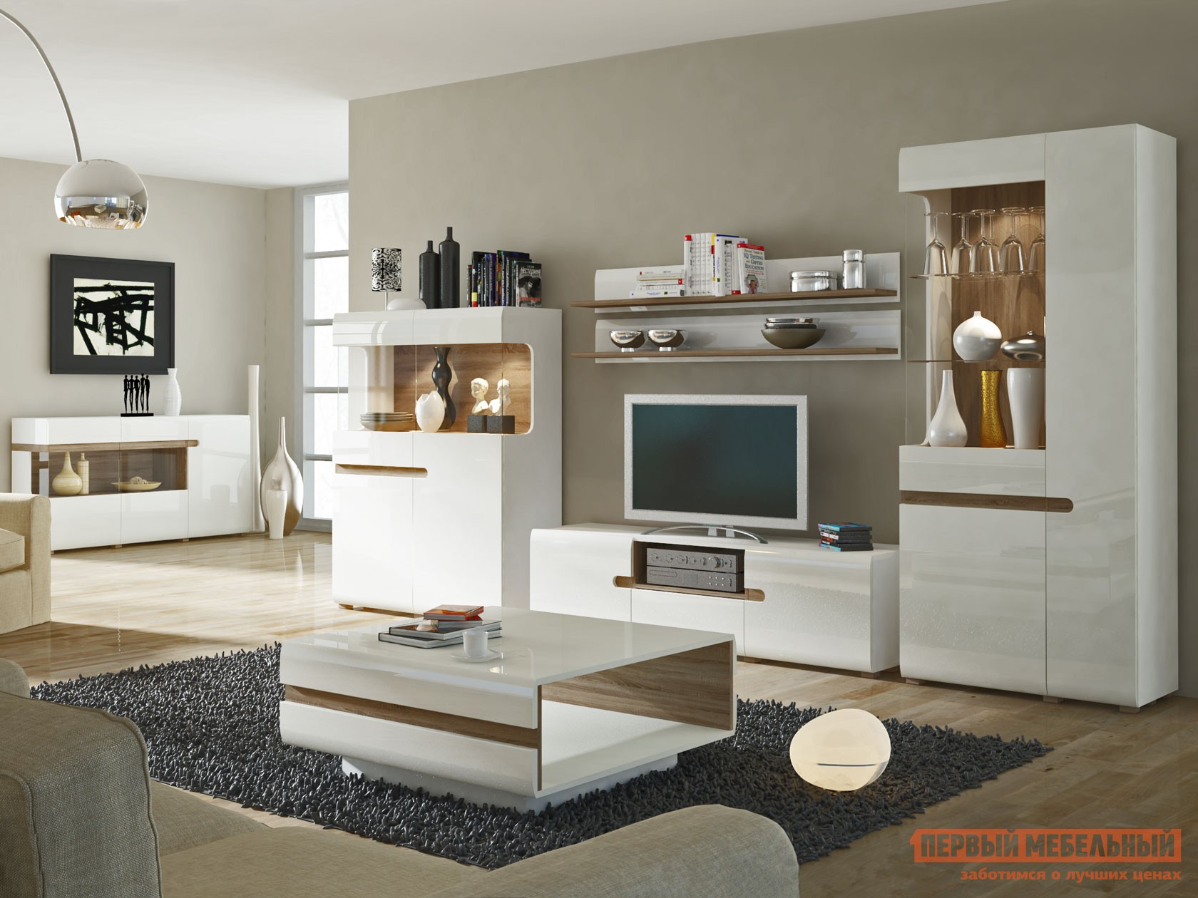 Гостиная  Линате Белый / Сонома трюфель, С подсветкой