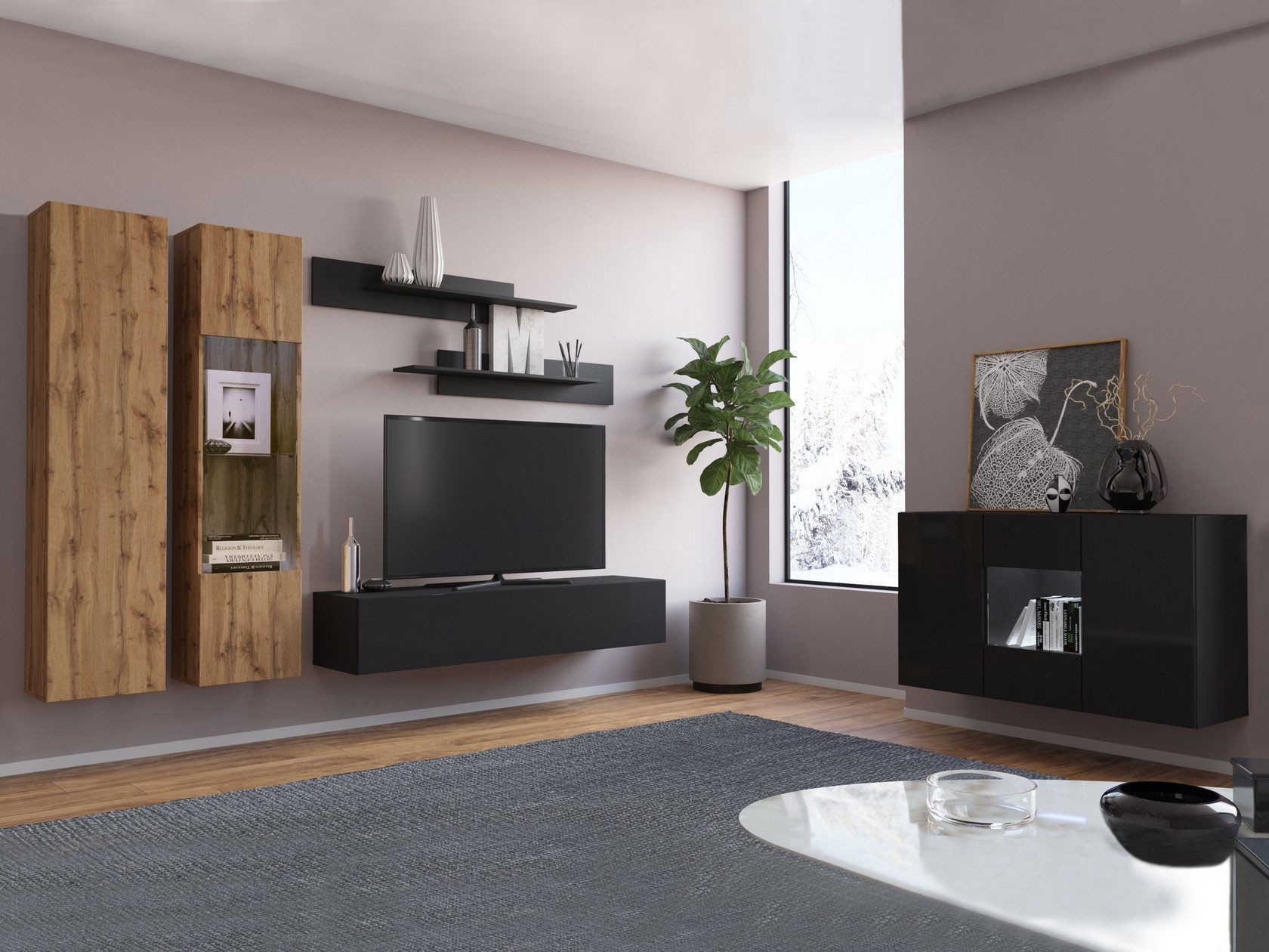 Гостиная  Поинт Дуб Вотан / Черный / Черный глянец / Стекло, Без блока питания