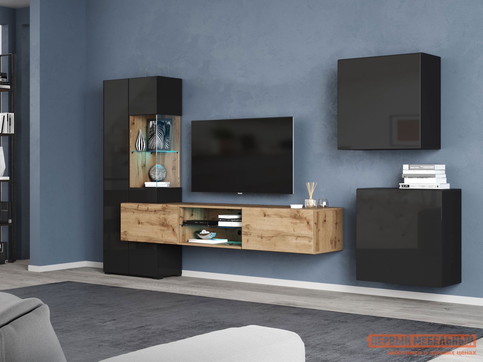Гостиная  Поинт Дуб Вотан / Черный / Черный глянец, С подсветкой