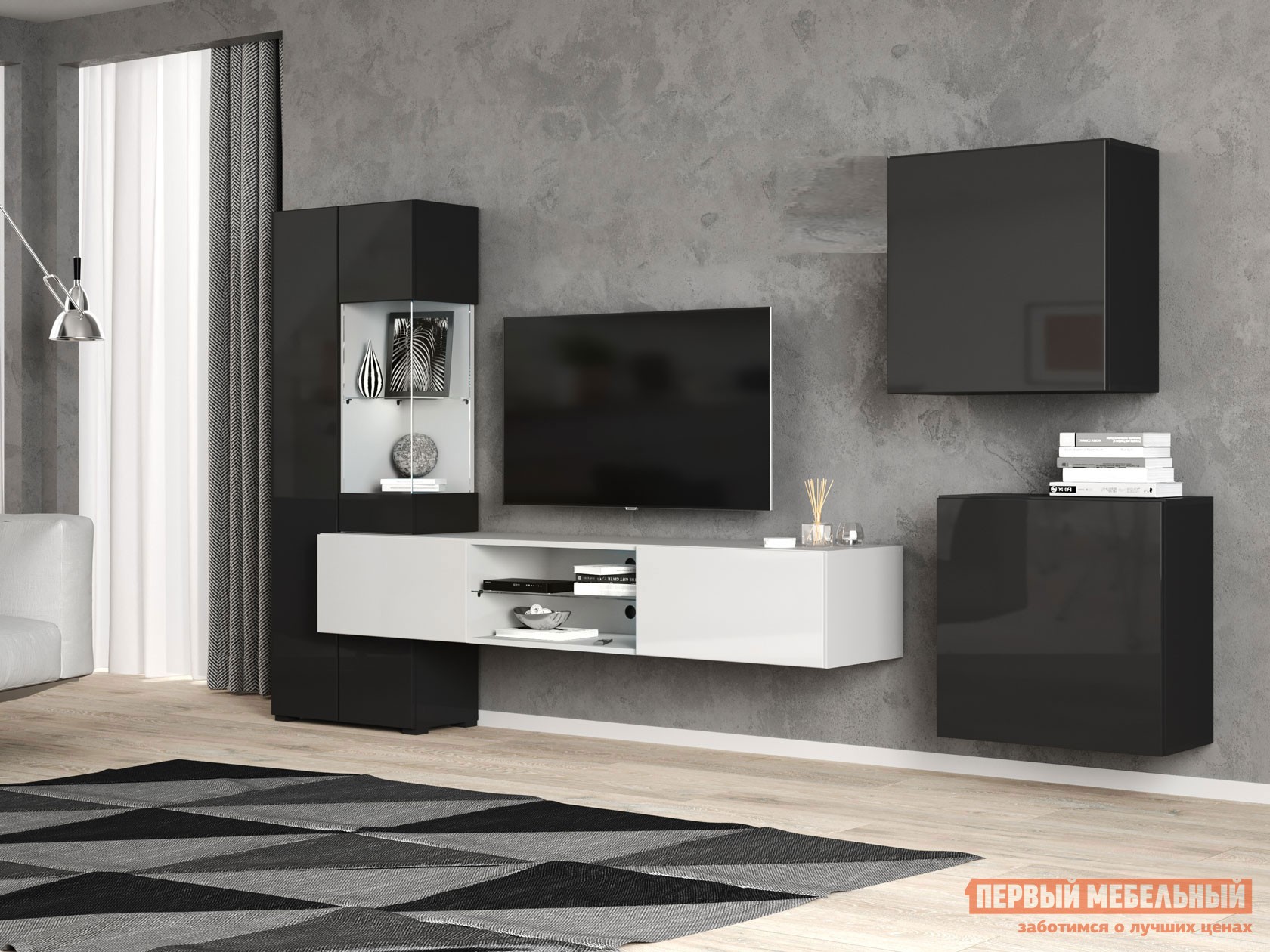 Гостиная  Поинт Белый / Черный глянец, Без подсветки