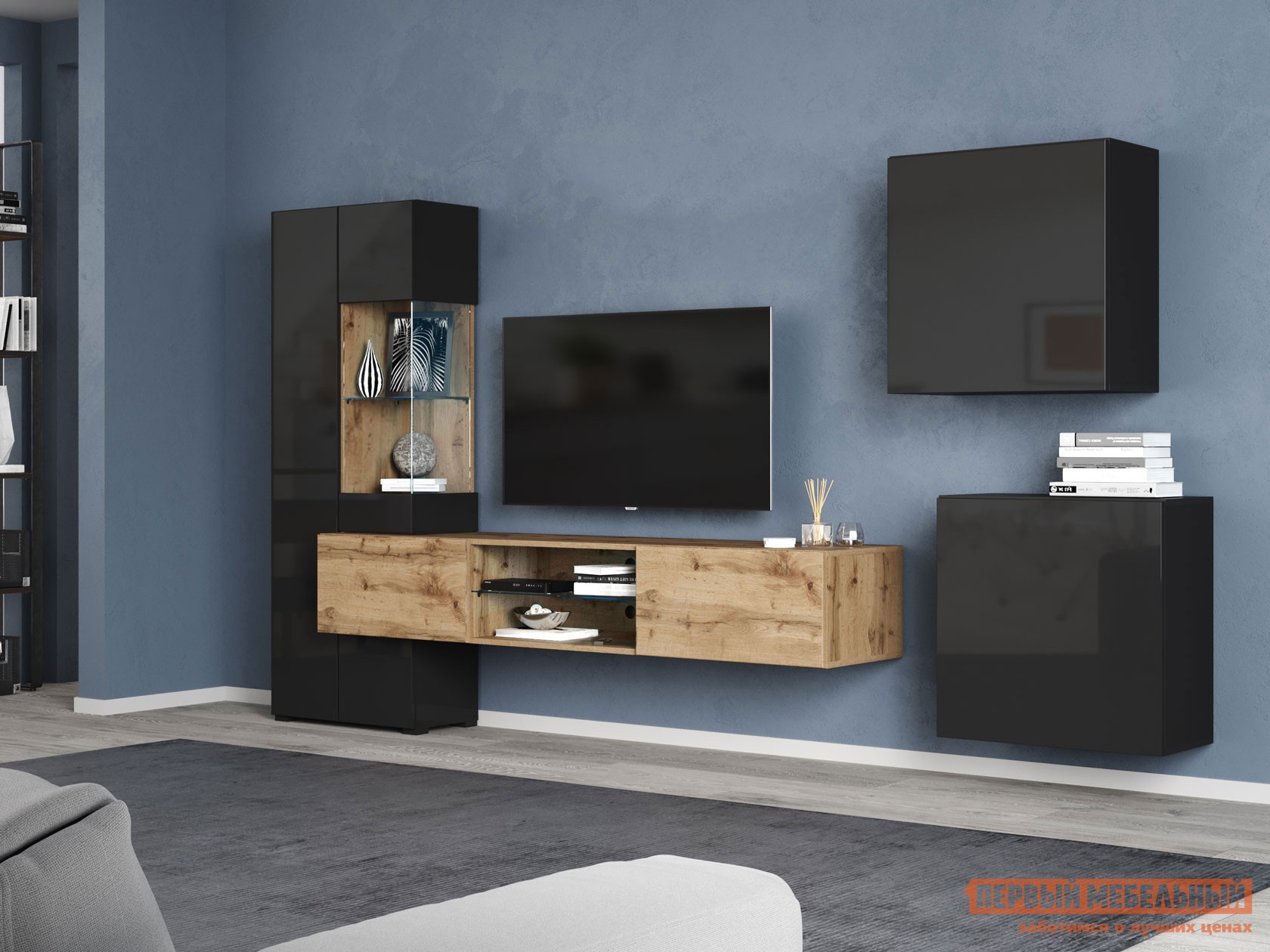 Гостиная  Поинт Дуб Вотан / Черный / Черный глянец, Без подсветки