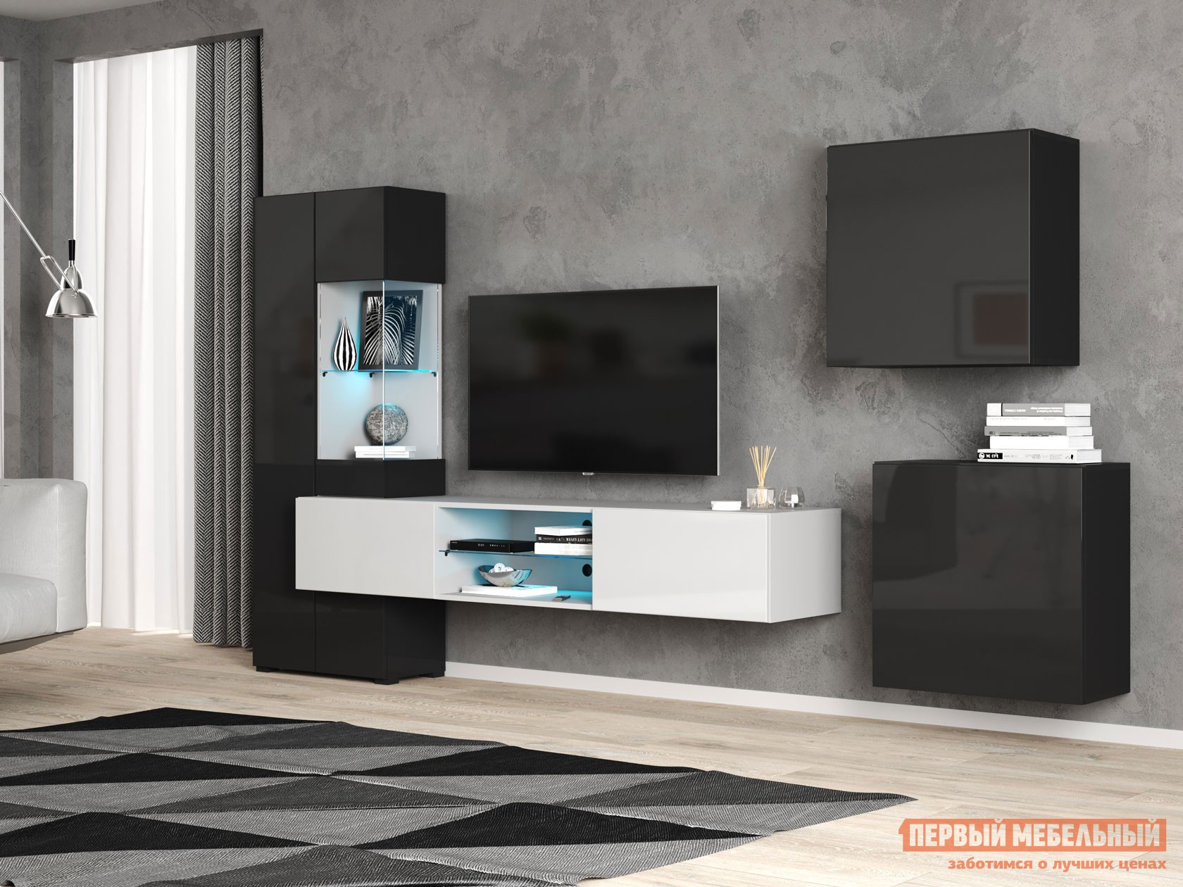 Гостиная  Поинт Белый / Черный глянец, С подсветкой