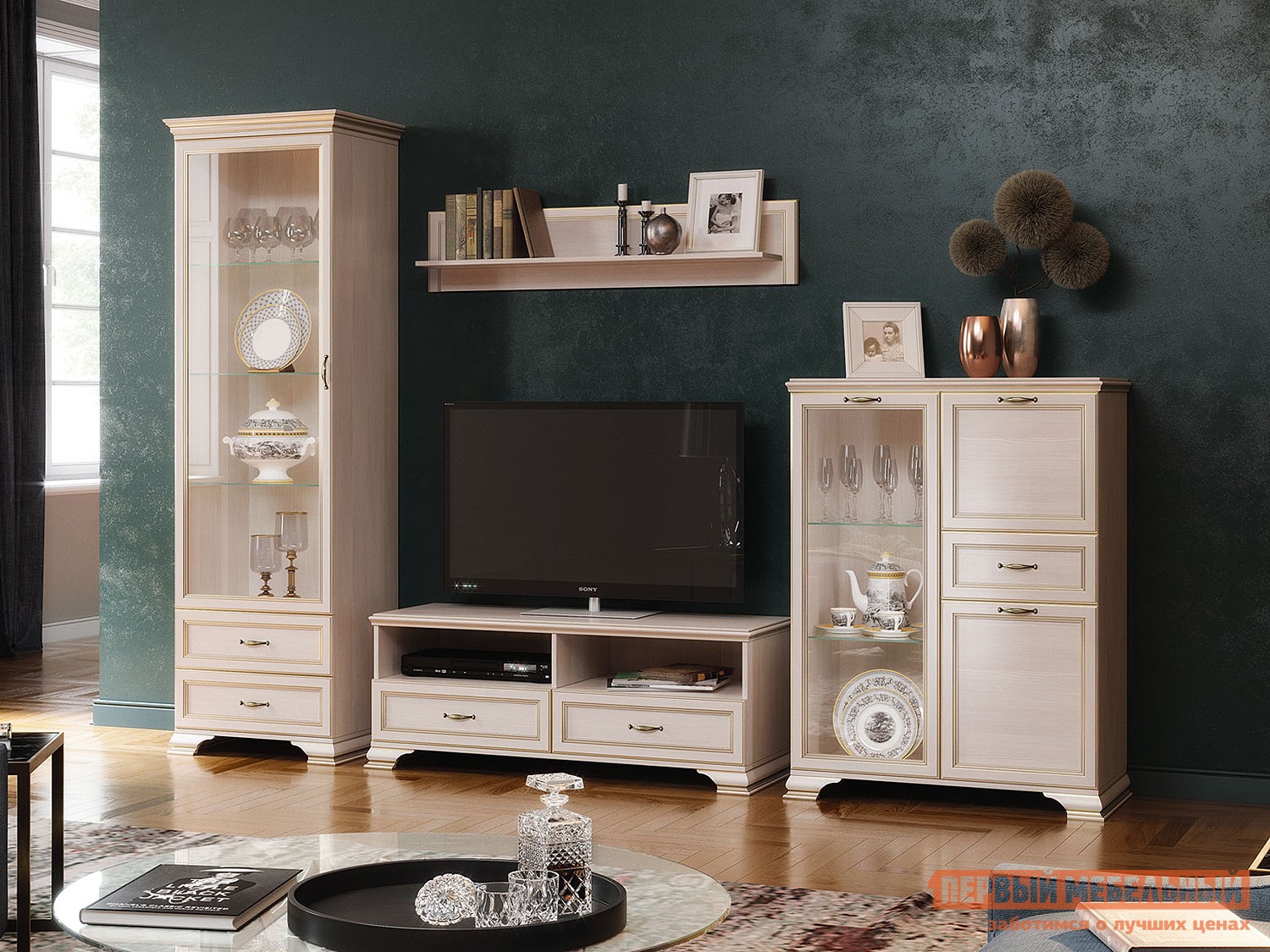 Гостиная  Сиена Бодега белый, патина золото, Без стеклополок