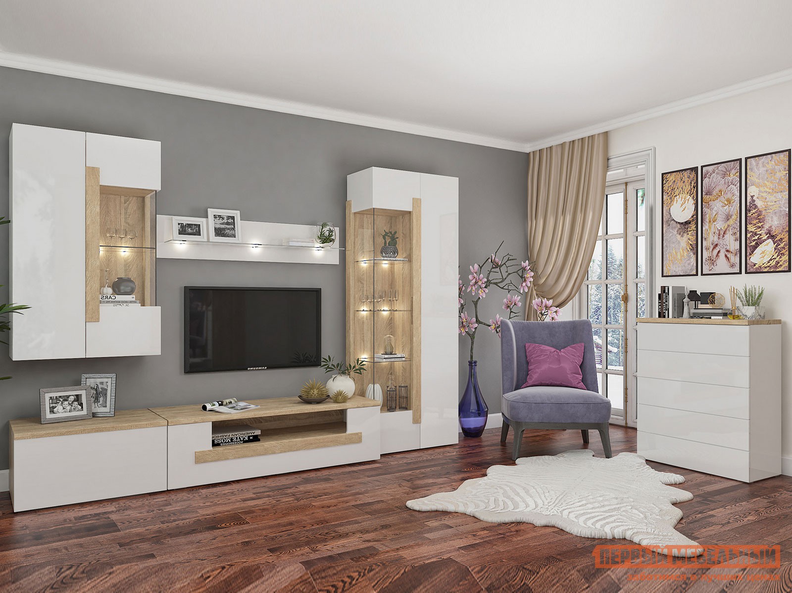 Гостиная  Куба Дуб Сонома / Белый глянец, С подсветкой