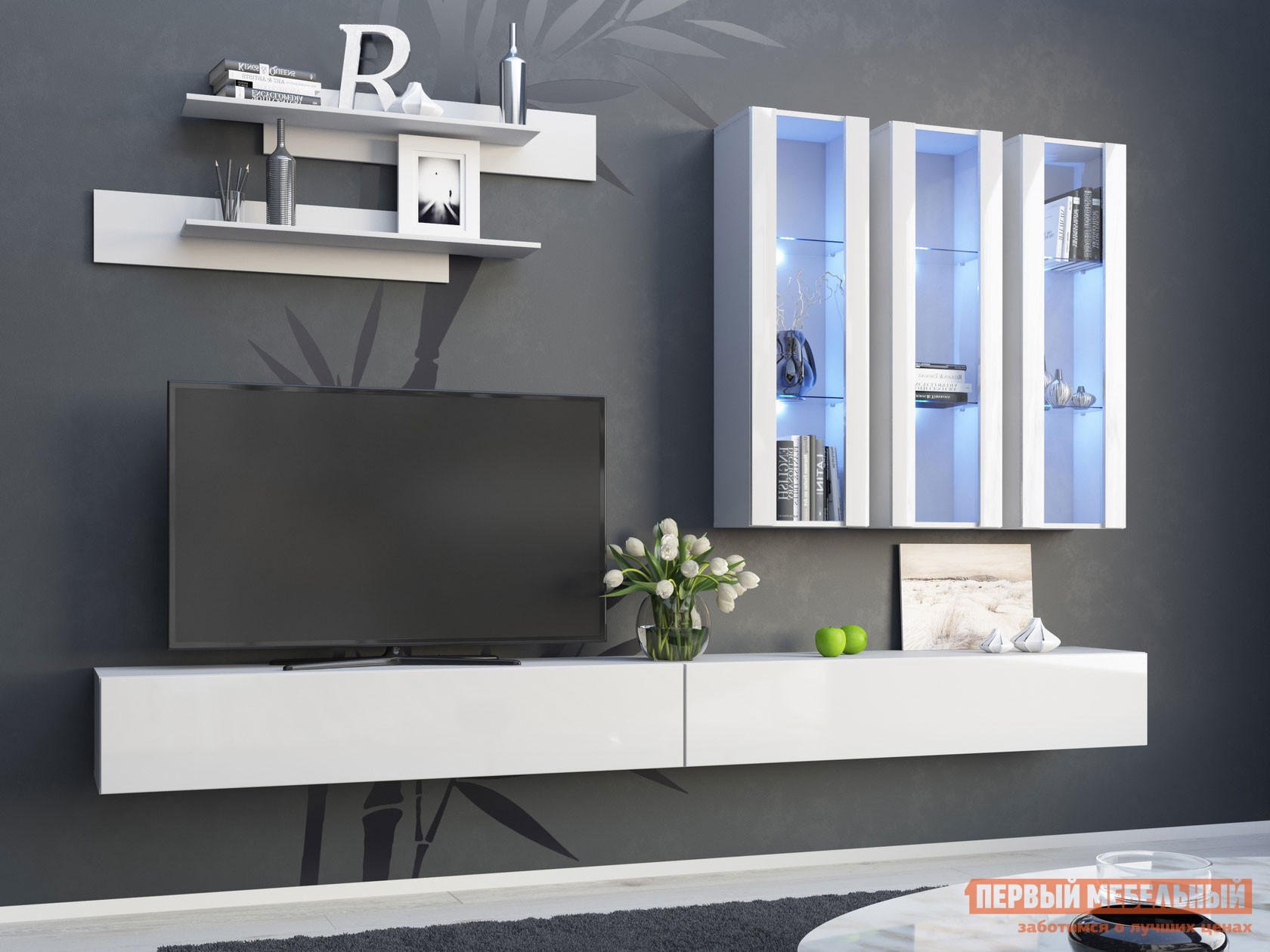 Гостиная  Поинт Белый / Белый глянец / Стекло, С блоком питания